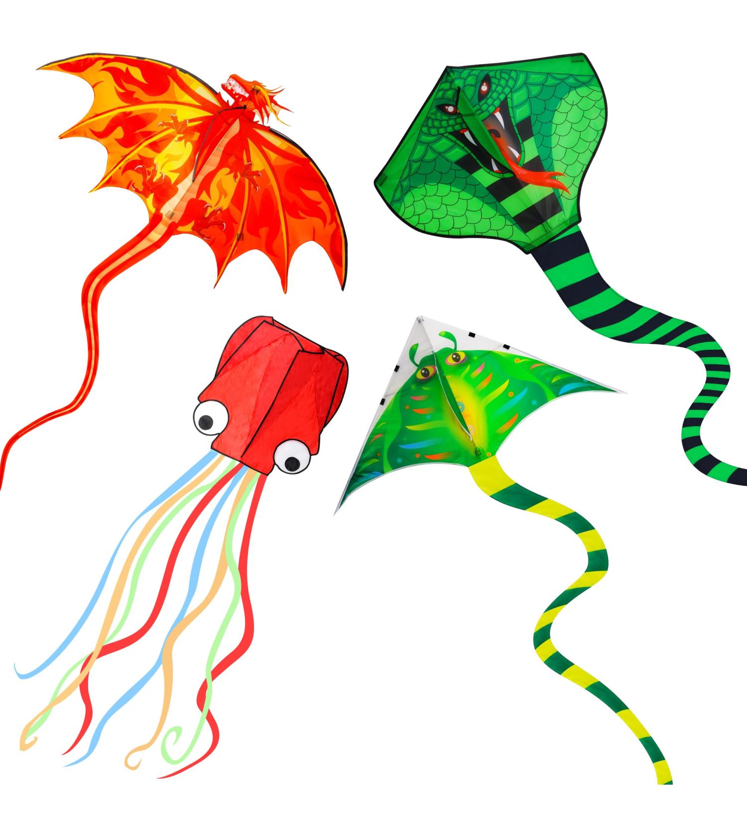 4 Pack Large Fire Dragon, Green Snake, Devil Fish, Red Mollusc Octopus Kites for Outdoor Fun - Perfect for Kids and Adults - Buy Online on GoSupps.com
