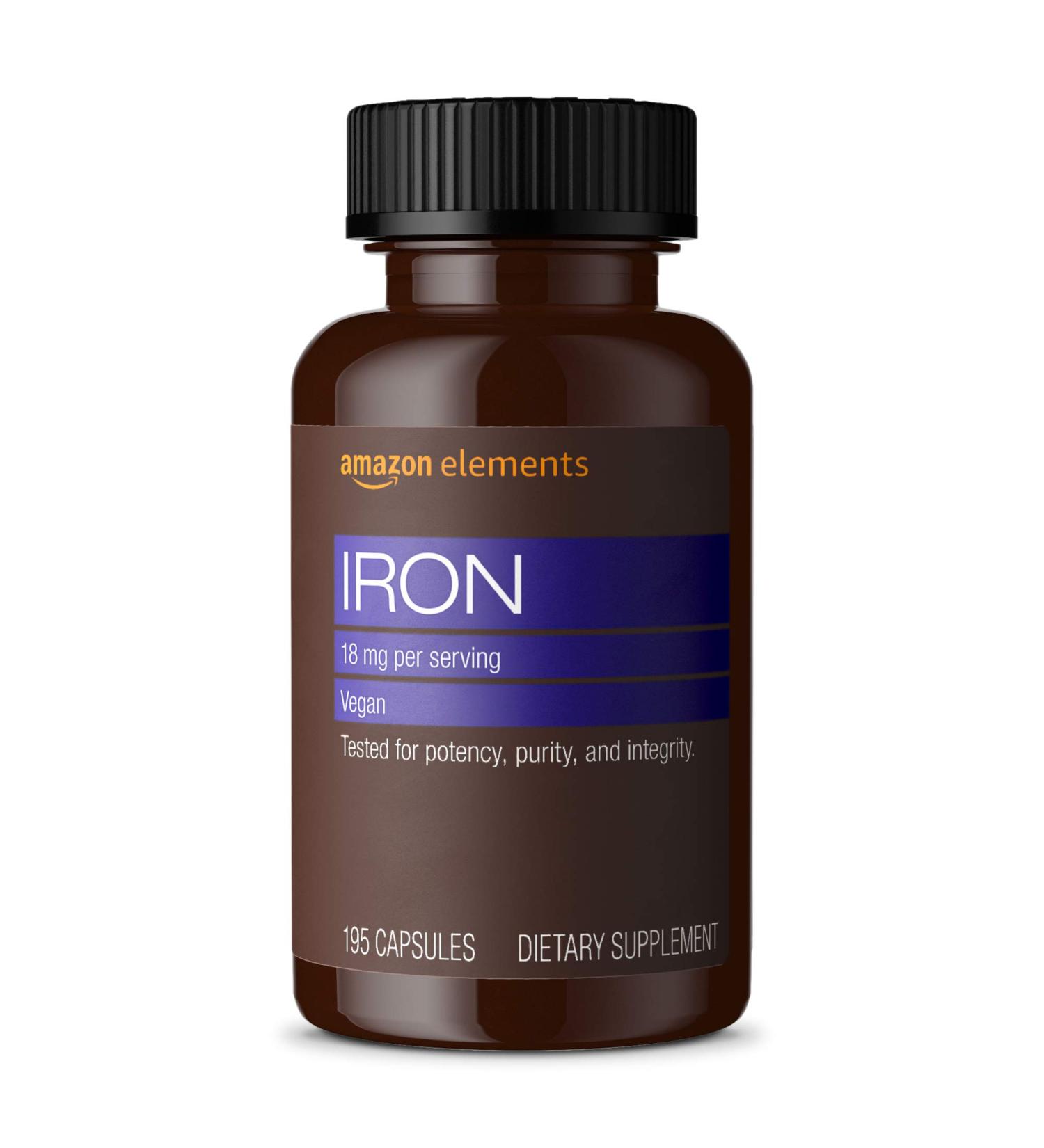 Amazon Elements Iron 18mg Capsules - Vegan, Supports Red Blood Cell Production, 195 Count (6 Month Supply) - Buy Online on GoSupps.com