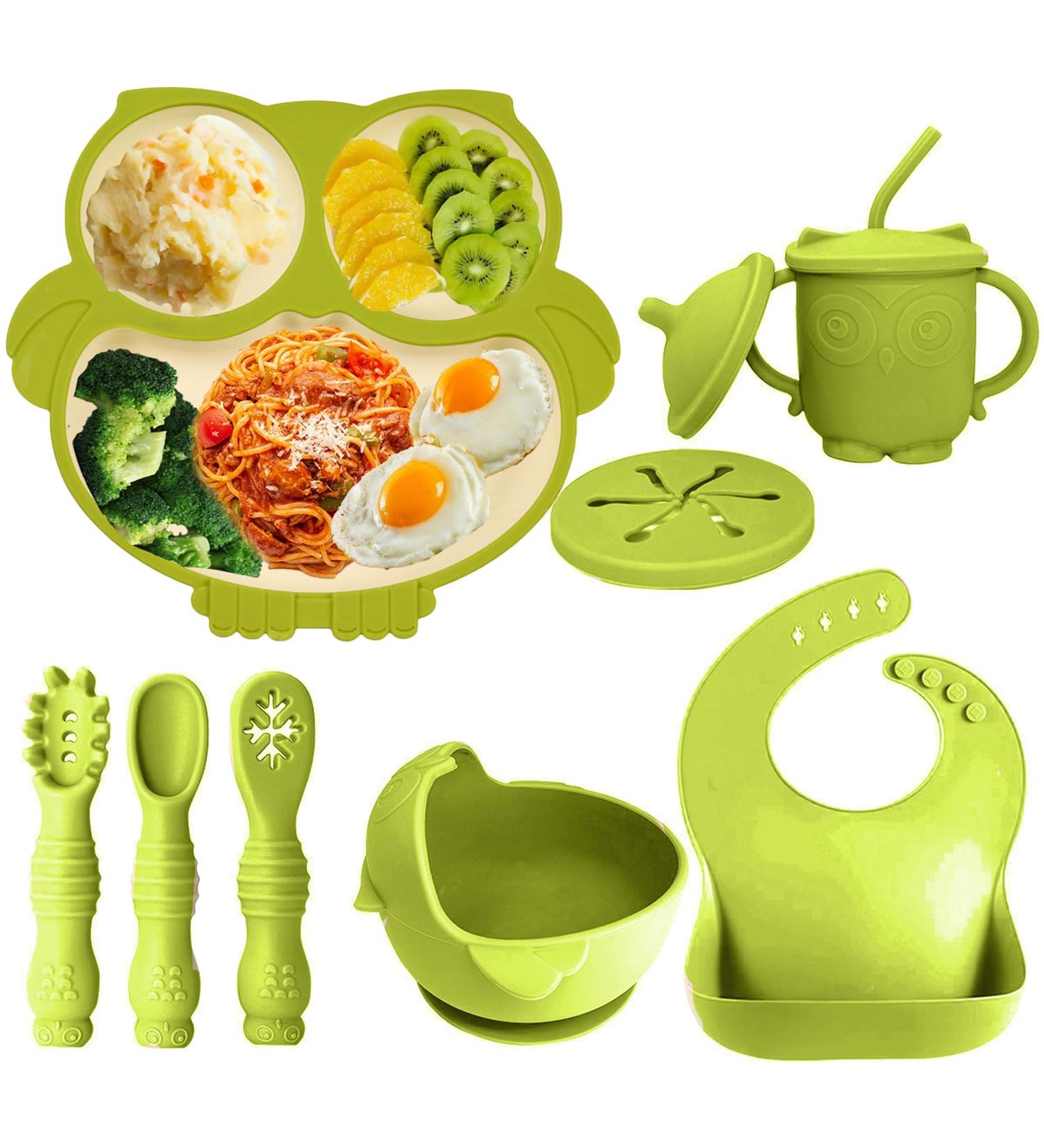 Auvstar Silicone Baby Tableware Set | Non-Slip BPA Free Children's Dishes with Suction Cup & Cutlery - Green - Buy Online on GoSupps.com