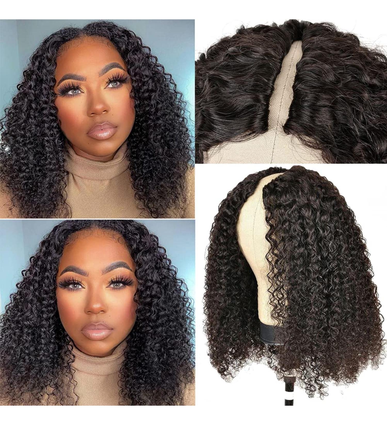 4GIRL4EVER Curly V-Part Human Hair Wig for Black Women - 14 Inch Upgrade Glueless U-Part Kinky Curly Wig 180% Density - Natural Black - Buy Online on GoSupps.com