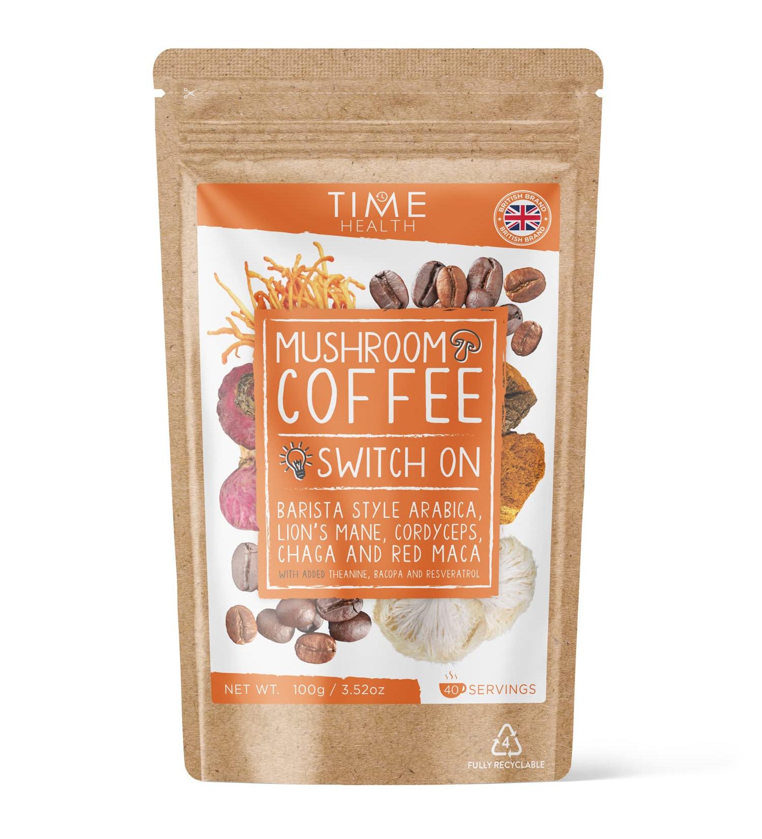Mushroom Coffee Blend - 100g Instant Mix for Natural Energy & Focus | 40 Servings with Arabica Coffee, Lion's Mane, Cordyceps, Chaga & More | UK Made - 5% Micro Ground Coffee - Buy Online on GoSupps.com