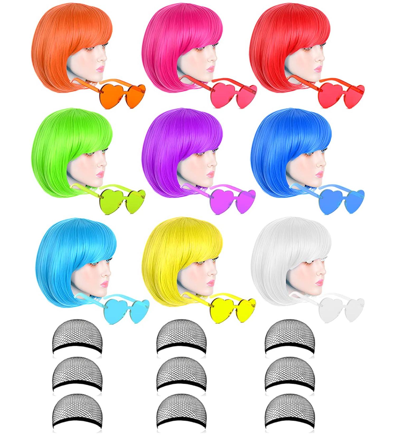 9 Pack Colorful Short Bob Wigs with Heart Sunglasses - Perfect for Cosplay, Halloween Costume, Neon Party - One Size Fits All - Buy Online on GoSupps.com