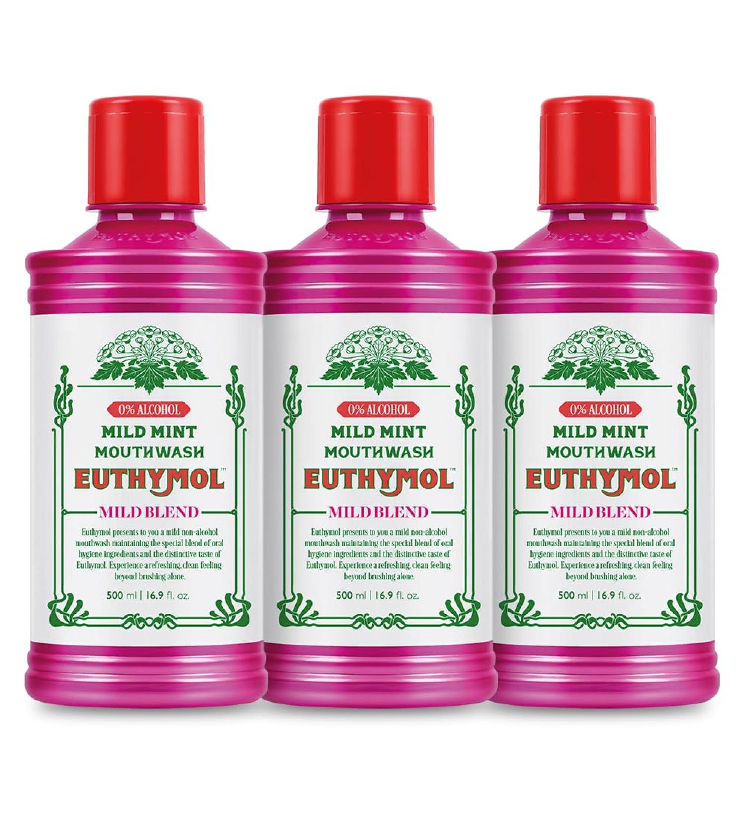 Euthymol Mouthwash Mild Mint 500ml x 3 Alcohol-Free Distinctive Strong Taste Flavour Reduce Plaque Gingival Clean Healty Teeth Gums Freshens Breath Refreshing Daily Oral Dental Care - Buy Online on GoSupps.com