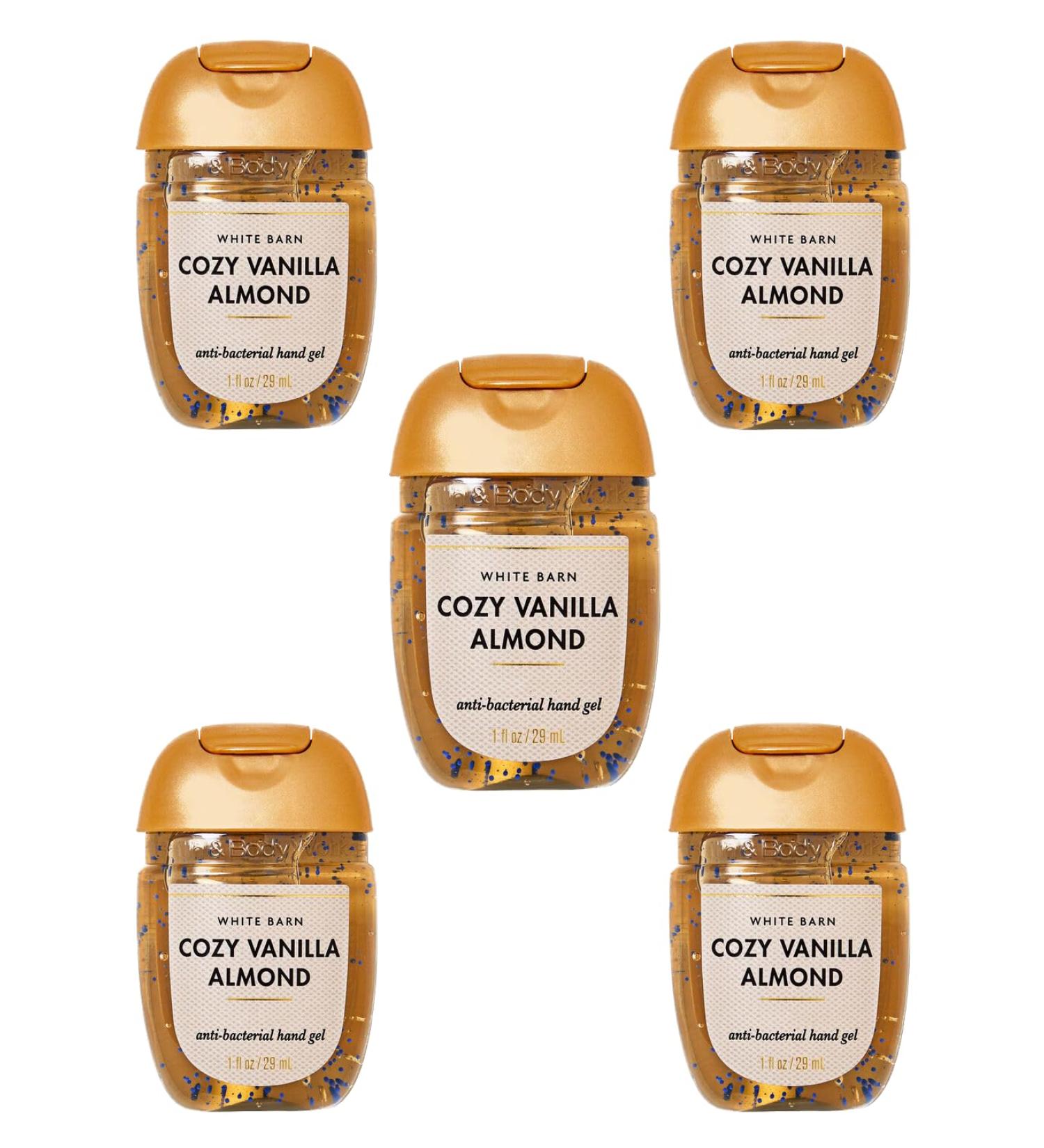 Bath + Body Works Cozy Vanilla Almond Hand Sanitizer - Vanilla Orchid + Sugared Almonds + Sweet Musk - Set of 5 Mini Vanilla Scented Travel Size (1 oz) Pocket Sanitizers - New for 2024