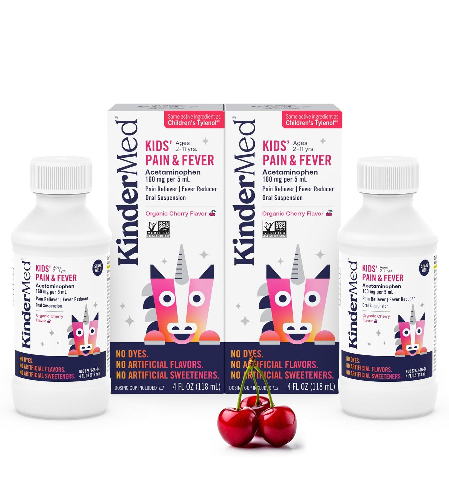 KinderMed Kids' Pain & Fever Medicine for Ages 2-11 Years No Dyes No Artificial Flavors No Artificial Sweeteners Vegan Non-GMO Gluten Free Organic Cherry Flavor Two Pack 2 x 4 fl. oz - Buy Online on GoSupps.com