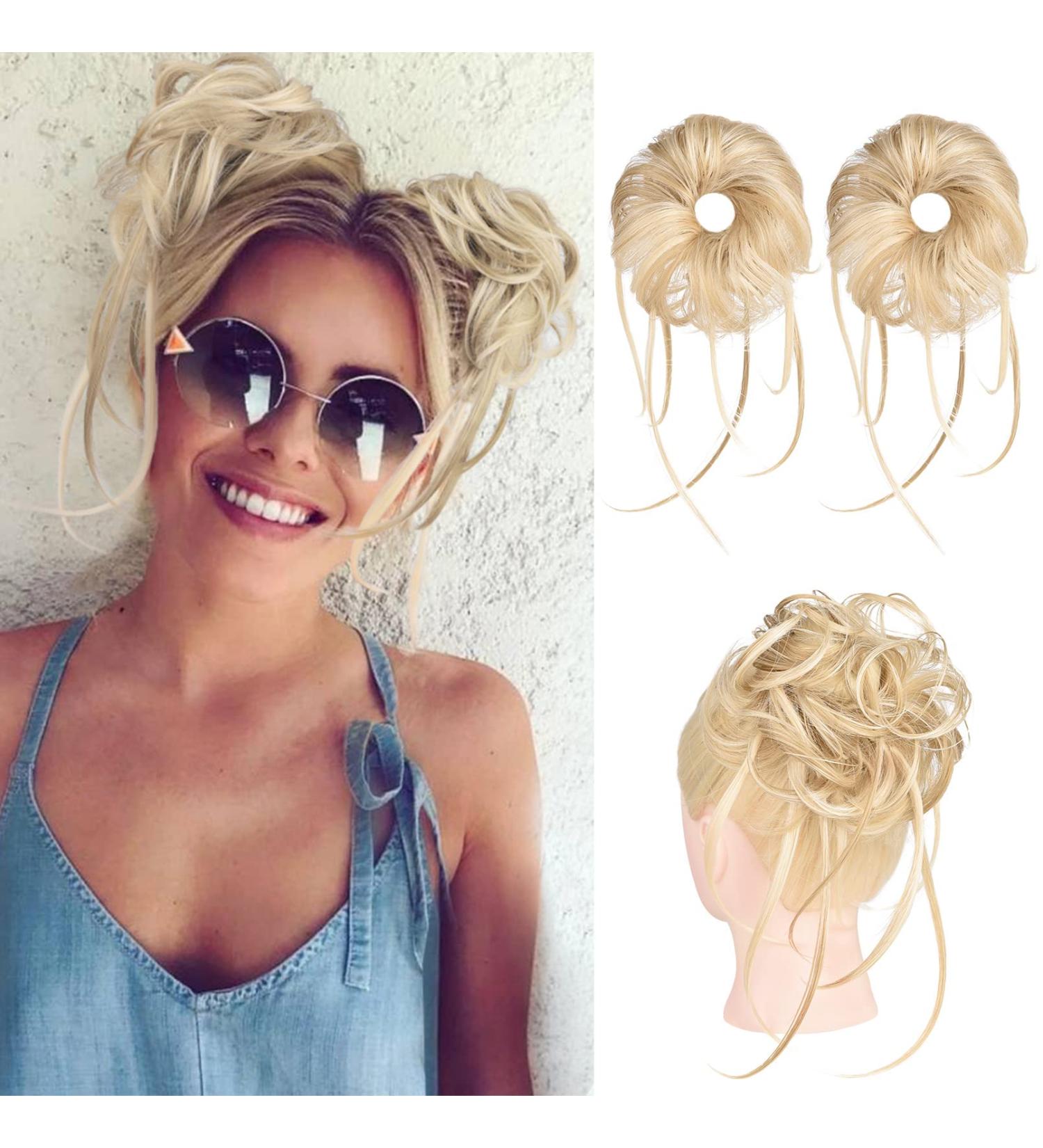 Messy Bun Hair Piece - HOOJIH 2 Pack Wavy Updo Extensions for Women & Girls - Blonde Mixed - Buy Online on GoSupps.com