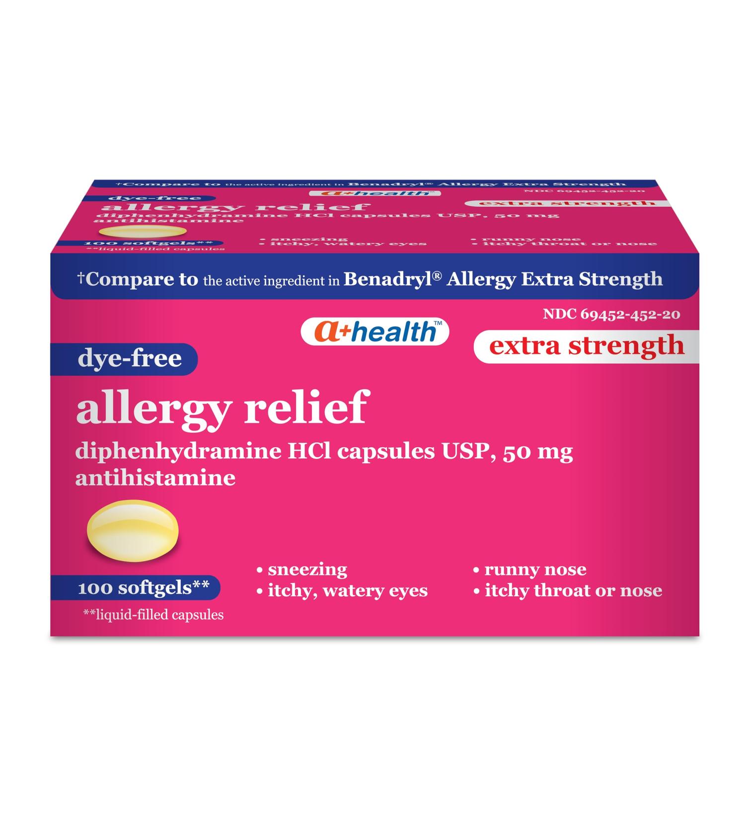 A+Health Dye-Free Extra Strength Allergy Relief Medicine Diphenhydramine HCl 50mg Softgels Antihistamine 100 Count - Buy Online on GoSupps.com