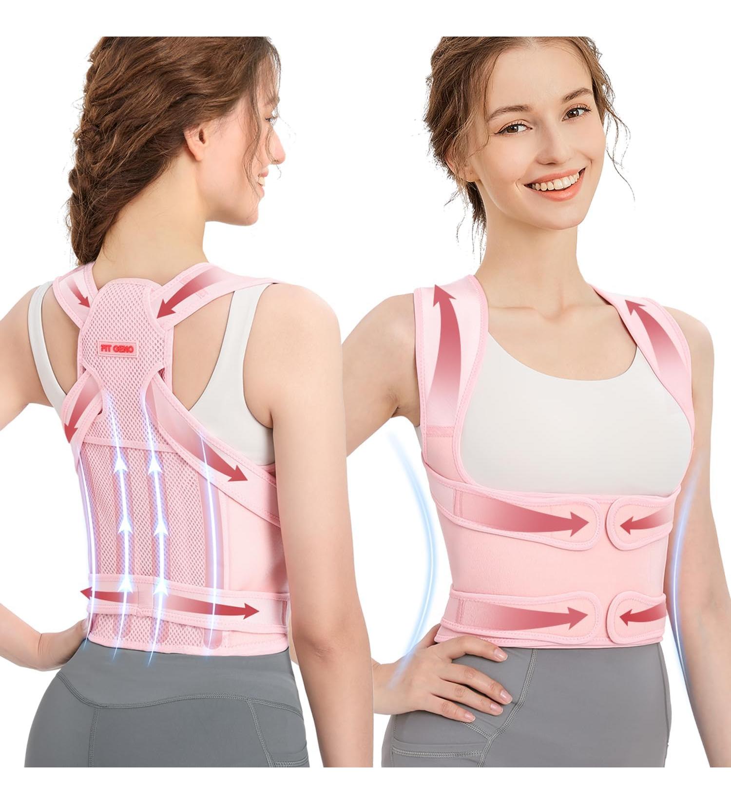 Fit Geno Back Brace Posture Corrector for Women - Adjustable Full Back Support & Pain Relief for Scoliosis Hunchback & Thoracic Issues - Small Pink - Buy Online on GoSupps.com