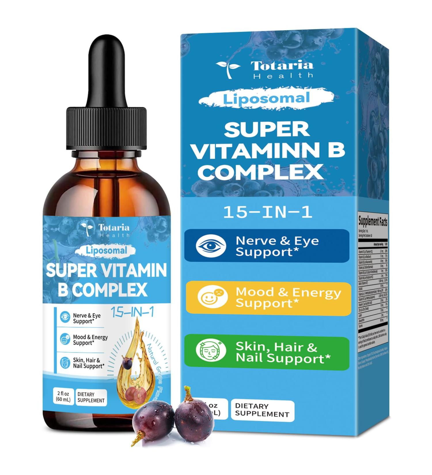 15-in-1 Liposomal Vitamin B Complex Pro B Complex Drops with Vitamin B1 B2 B3 Niacinamide Choline B5 B6 B7 Biotin Inositol Folate B12 Zinc Lutein Zeaxanthin Taurine Vitamin C 2 fl oz - Buy Online on GoSupps.com