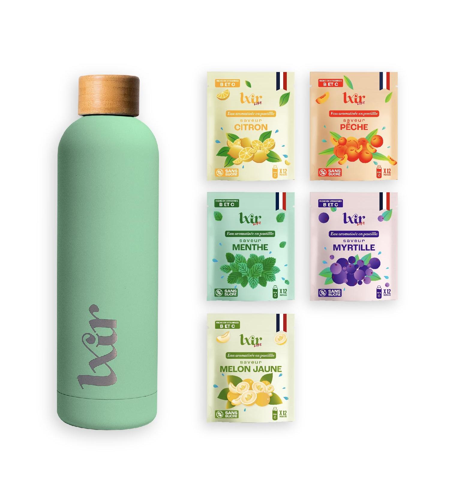 LXIR DRINK Flavored Water in Sugar Free Tablets - Multivitamin Drink - Rich in Vitamins C and B - Daily Hydration - Skin Beauty - Vitality - 60 Units - 5 Flavors + 1 Bottle Green - Buy Online on GoSupps.com