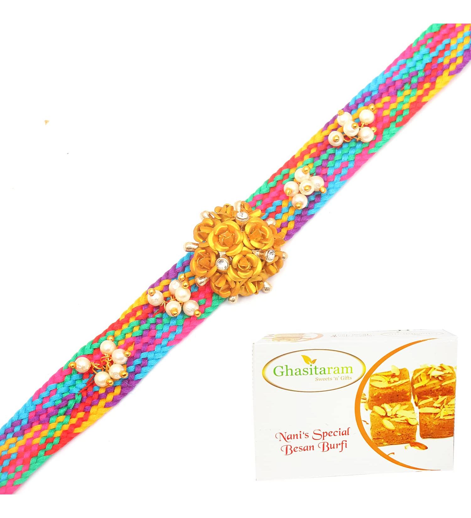 Ghasitaram Gifts Rakhi for Brother Rakhis Online - RM594 - Blue Thread Bracelet Rakhi with 200 GMS of Besan Barfi Rakhi Set with 200 gms of Besan Barfi - Buy Online on GoSupps.com