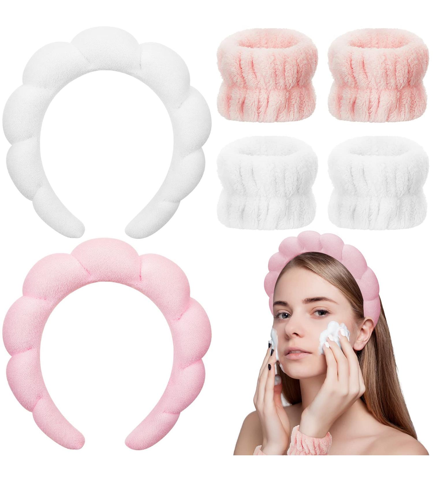 6 Pcs Spa Headband Wrist Washband Set - White Pink Makeup Face Wash Wristbands for Women Girls - Buy Online on GoSupps.com