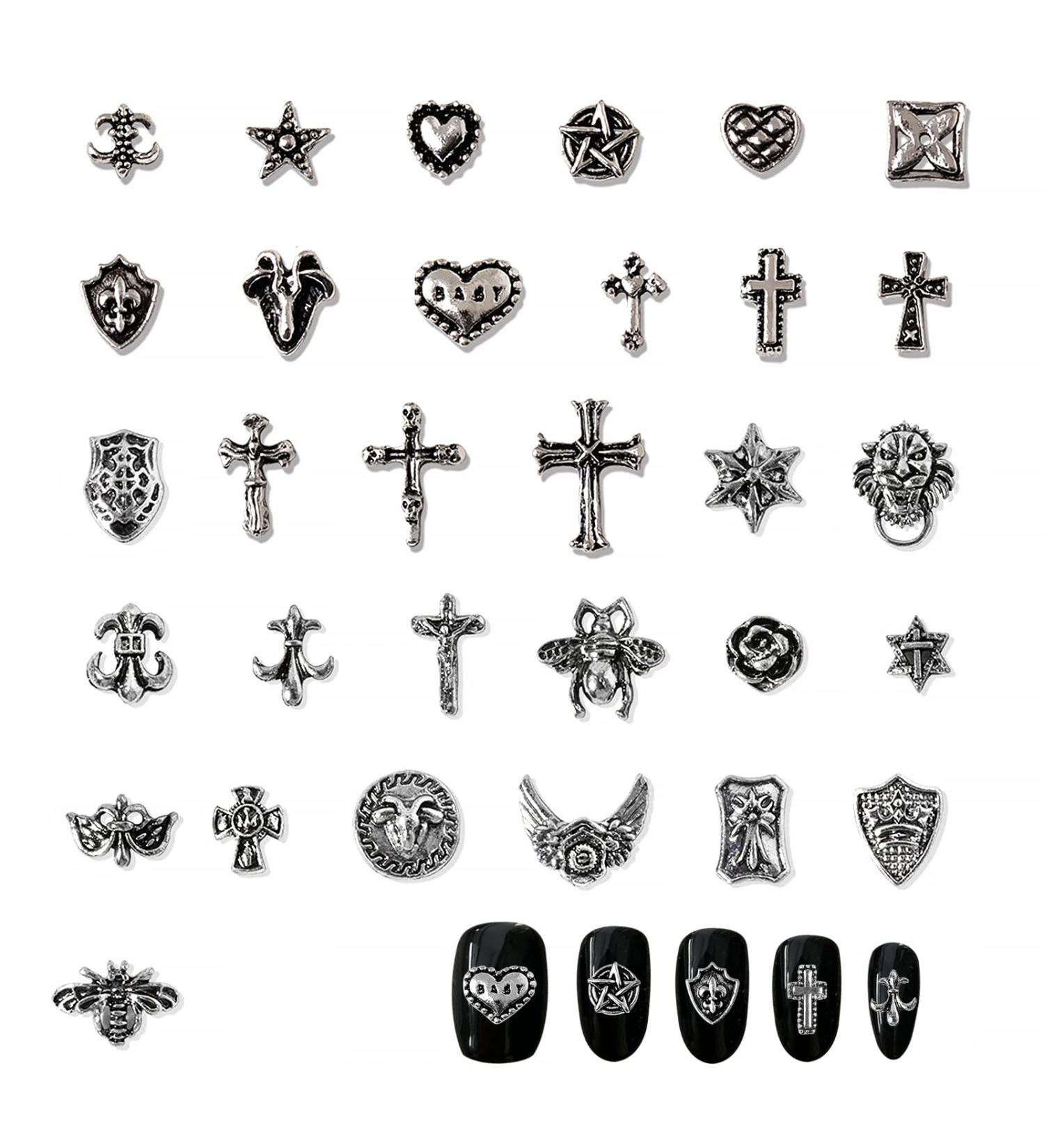Punk Vintage Nail Charms Set - 72 Pcs 3D Cross, Stars, Hearts - Silver Chrome - DIY Nail Art Accessories for Women - Buy Online on GoSupps.com
