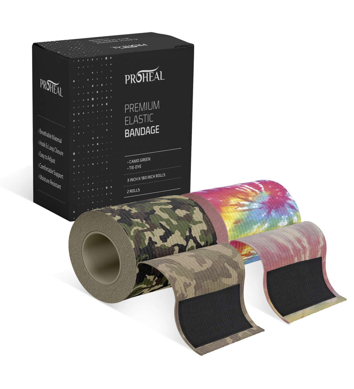 Elastic Bandage Wrap with Self Closure - 3 x 180 Compression Sports Wrap - 2 Pack Breathable & Moisture Resistant Bandages for Sprains - Camo & Tie Dye - Buy Online on GoSupps.com
