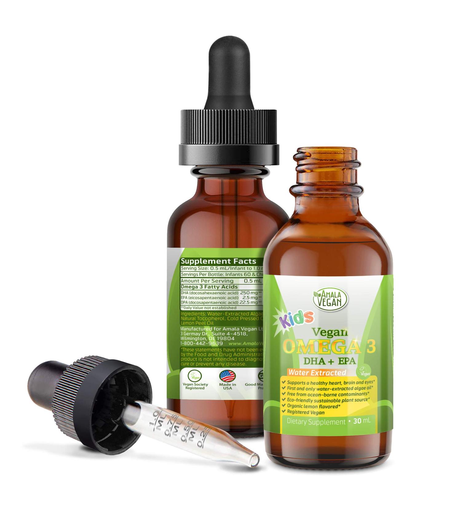 Amala Vegan - Omega 3 for Kids - Organic Lemon Vegan Liquid Supplement - Kids Fish Oil with DHA EPA DPA Fatty Acids - Plant Based Algae Oil - Immune Heart Brain Health for Children- 30-60 Doses - Buy Online on GoSupps.com
