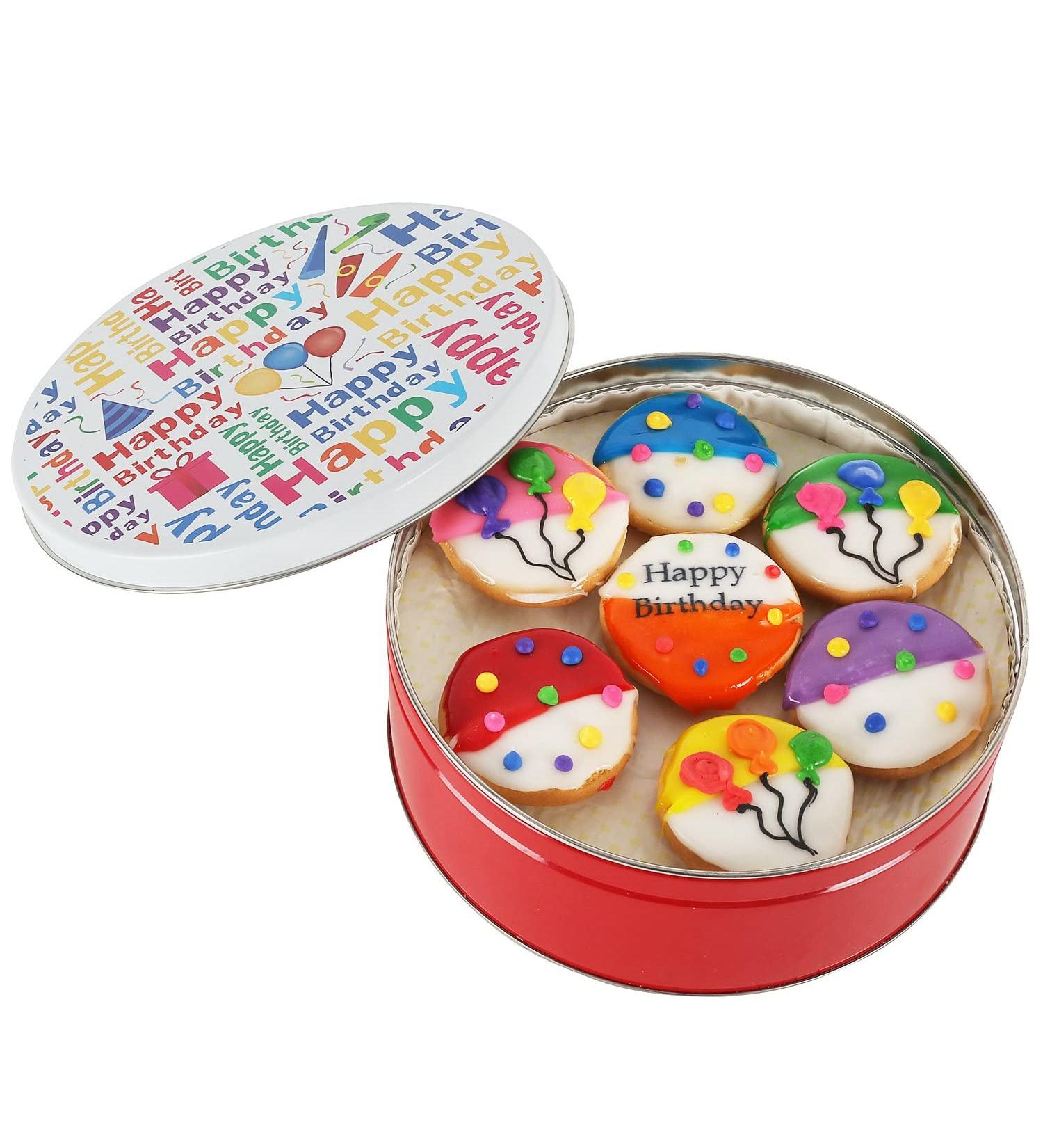 Happy Birthday Cookie Gift Basket Tin - 21 Assorted Hand-Decorated Cookies in 7 Bright Colors - Perfect Birthday Gift for Him, Her, Boys, Girls, Men, Women - Prime Delivery - Buy Online on GoSupps.com