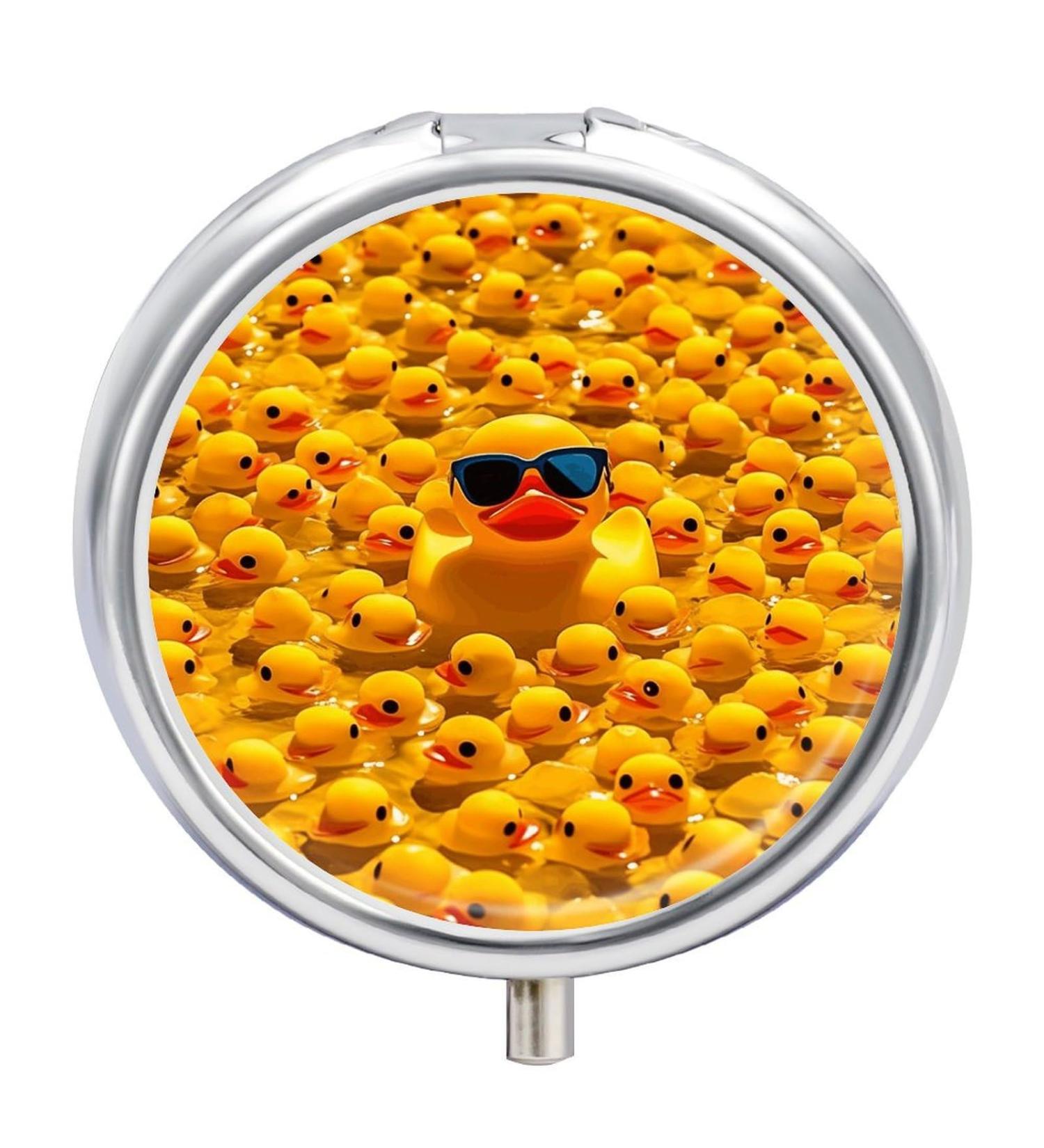 Round Pill Box - Yellow Rubber Ducky with Sunglasses | 3 Compartment Portable Pill Organizer - Decorative Metal Pocket Case - Buy Online on GoSupps.com