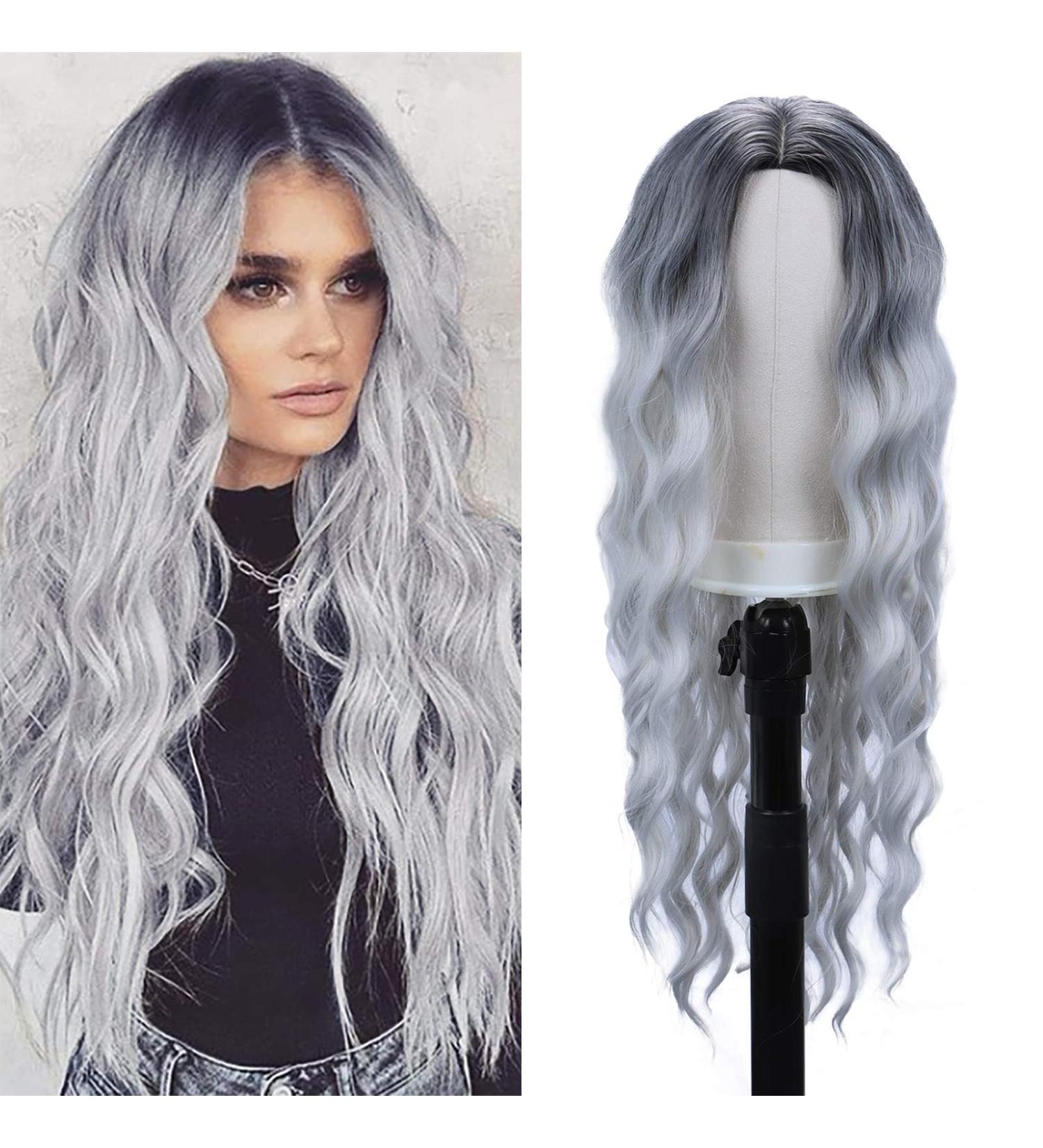 30 Long Wavy Middle Part Synthetic Wig | Dark Roots Grey Body Wave Hair | Heat Resistant for Daily Party & Cosplay | Natural Look | 30 Inch (1 Pack) - 1B/Grey - Buy Online on GoSupps.com