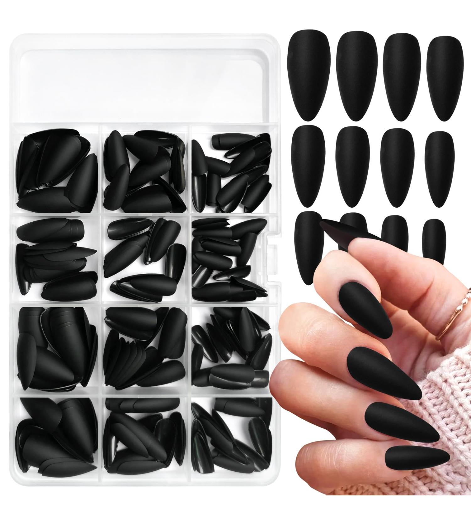 240pcs Matte Black Almond Press on Nails | Medium Acrylic Fake Nails Kit with Adhesive Tabs for Women & Girls - Shop Now - Buy Online on GoSupps.com
