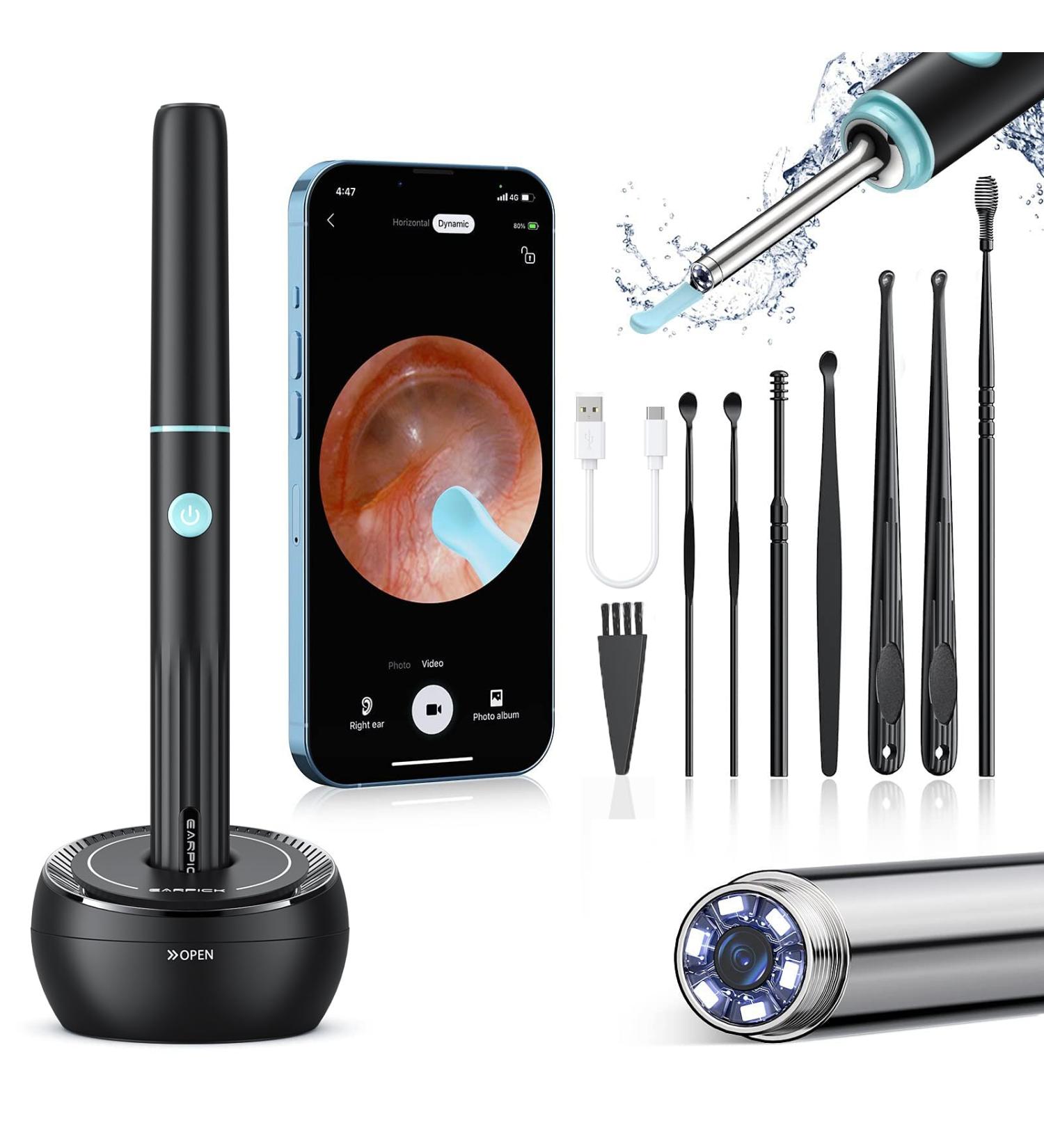 Professional Ear Wax Removal Kit with Camera - 1080P HD Wireless Otoscope for iPhone iPad & Android - Ear Cleaner Tool with Light & Charging Cable (Black - Buy Online on GoSupps.com