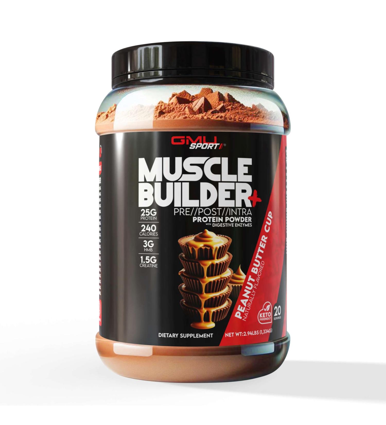 GMU SPORT Muscle Builder+ Protein with 3g Creatine 1.5g HMB Collagen & Enzymes | 25g Protein 28g Carbs 240 Calories | Low Sugar Whey Protein for Strength Recovery & Muscle Growth 20 Servings - Buy Online on GoSupps.com