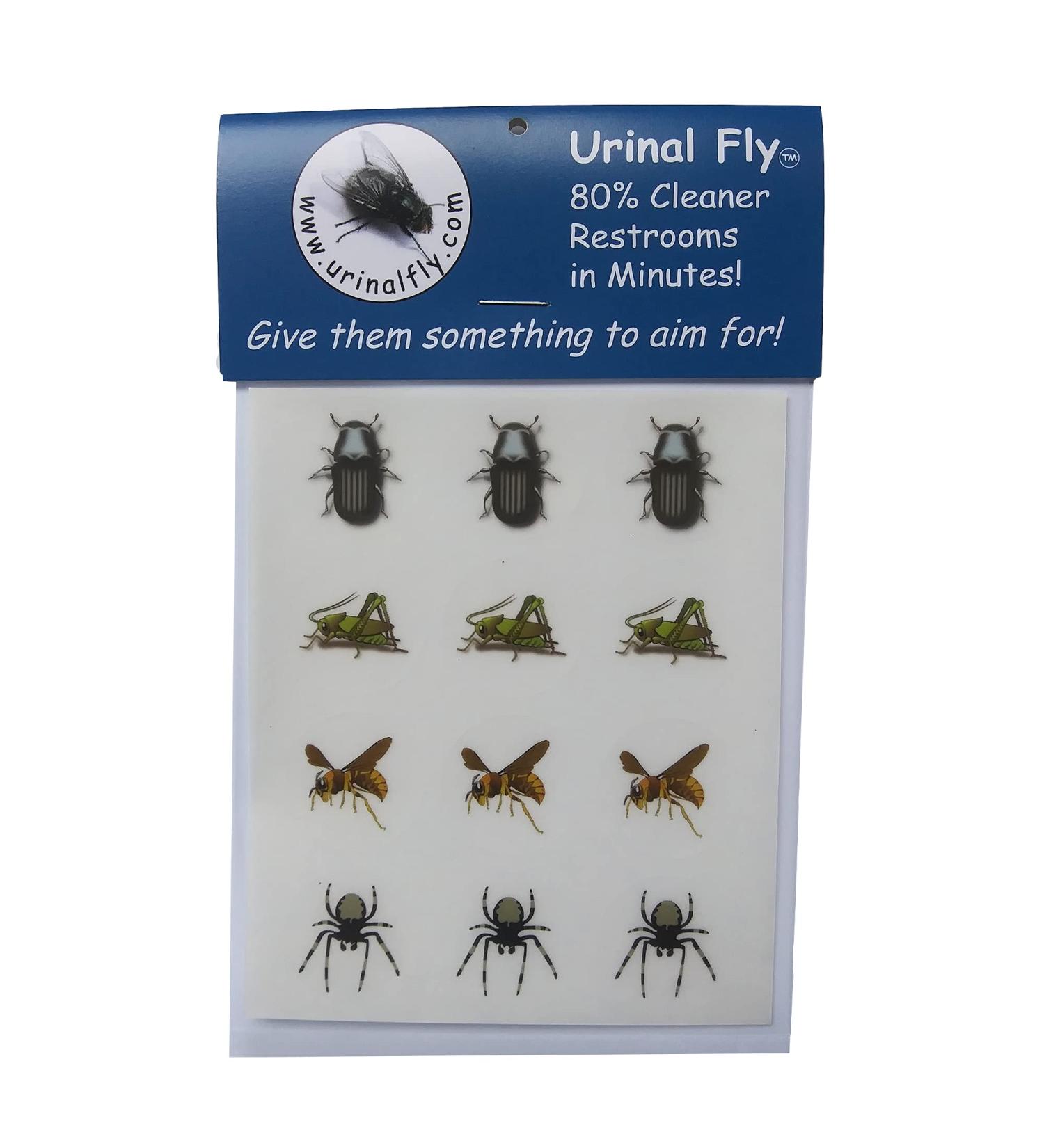 Urinal Fly Toilet Stickers 12 Pack - Grasshopper, Hornet, Beetle, Spider - 80% Cleaner Bathrooms in Minutes - Buy Online on GoSupps.com
