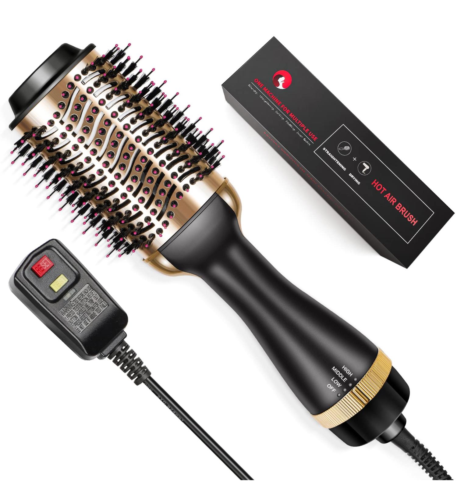 3 in 1 Hot Air Brush Hair Dryer & Volumizer - Straighten Curl and Blow Dry | ALCI Safety Plug | Negative Ionic Technology for All Hair Types (Gold - Buy Online on GoSupps.com