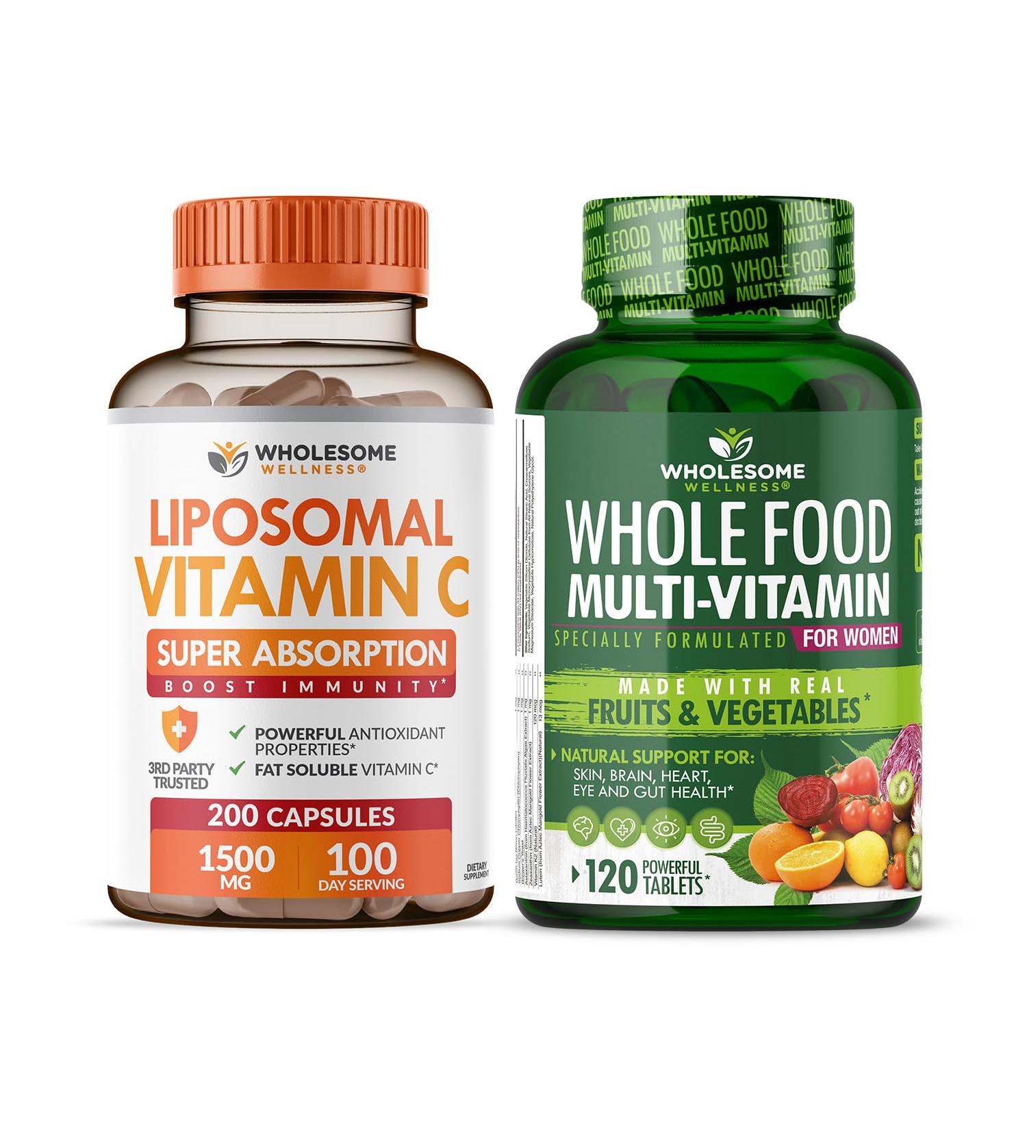 Wholesome Wellness Liposomal Vitamin C Capsules (200 Pills 1500mg Buffered) High Absorption VIT C + Whole Food Multivitamin for Women - Natural Multi Vitamins Minerals Organic Extracts Bundle - Buy Online on GoSupps.com