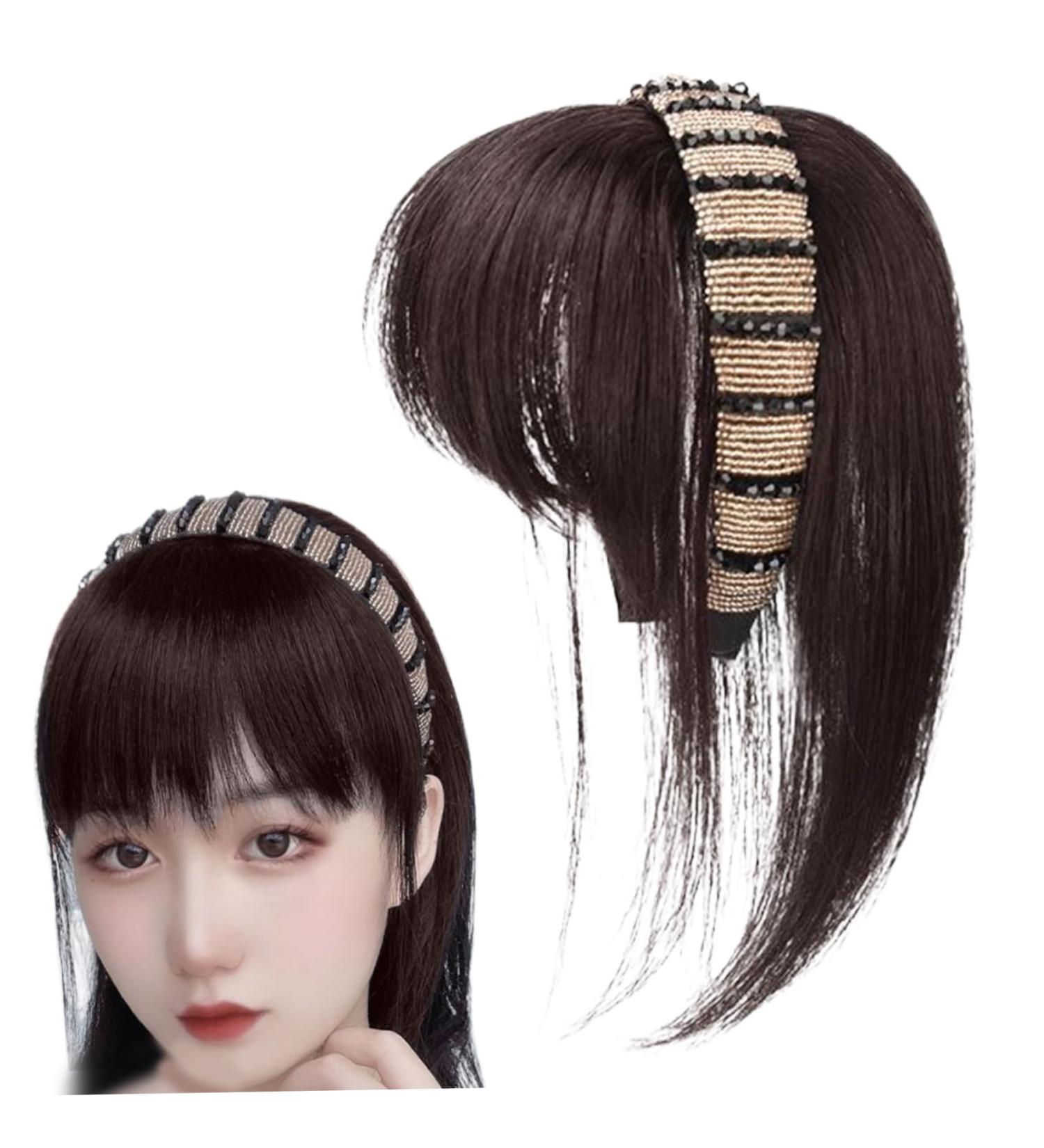 Headssband with Bangs 9.8 inch Clip on Bangs Synthetic Rhinestone Stylish Natural Bangs Hair Clip for Women Girls Brown Drk Brown - Buy Online on GoSupps.com