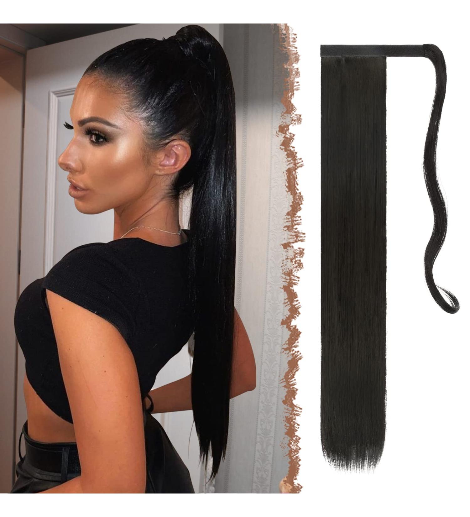 FESHFEN Straight Long Wrap Around Ponytail Extension 28 Inch 1B# Off Black - Clip in Synthetic Hairpiece for Women Girls - Pack of 1 - Buy Online on GoSupps.com