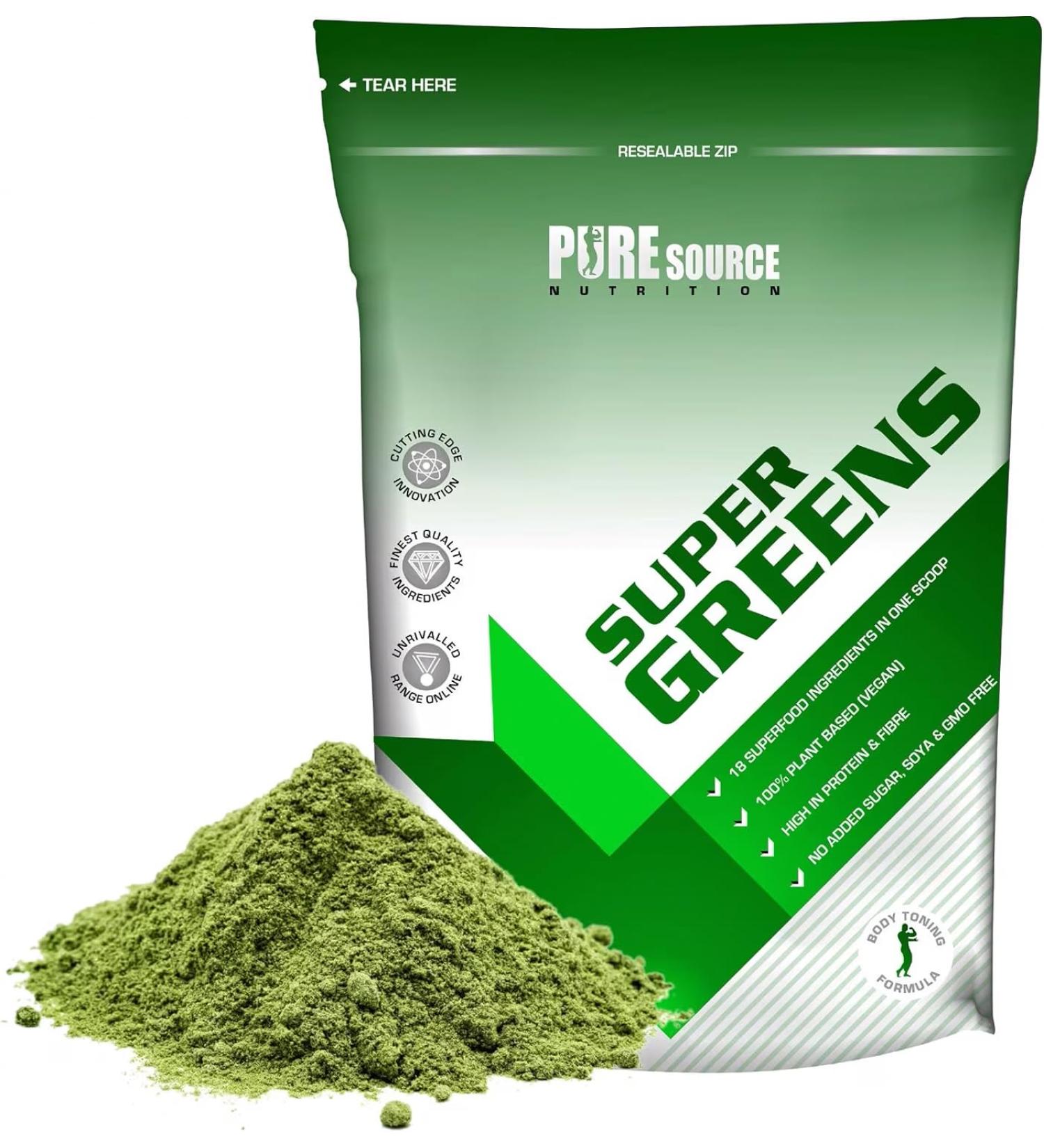 Pure Source Nutrition Vegan Super Greens Powder 18 Superfoods Supergreens Blend Green Tea Maca Inulin Wheat Grass Alfalfa Barley Grass Moringa Spirulina Hemp Seed Powder (250 g) - Buy Online on GoSupps.com