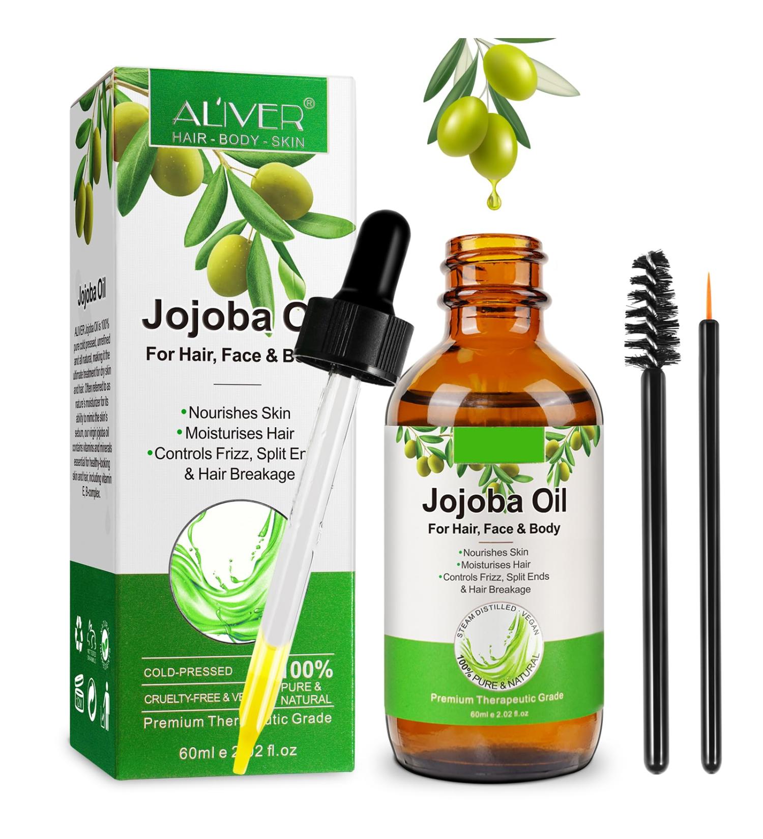 AIQIUSHA Organic Jojoba Oil 60ML - 100% Pure Cold Pressed Carrier Oil for Skin Hair Growth Frizz Control & DIY Beauty - Buy Online on GoSupps.com