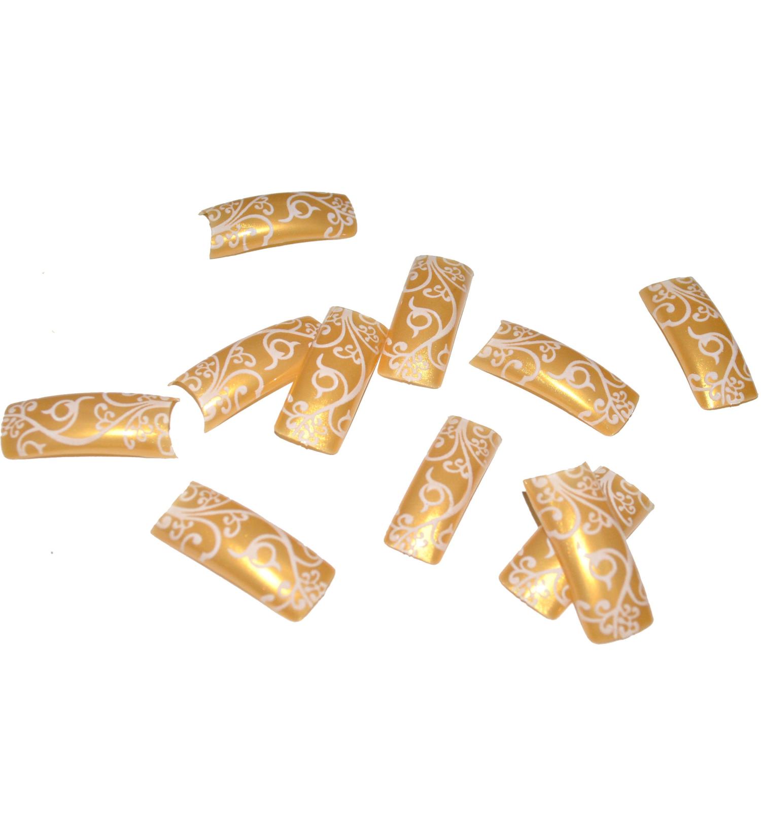 100 False French Acrylic Nail Art Tips Gold Swirl Flower Size 1-10