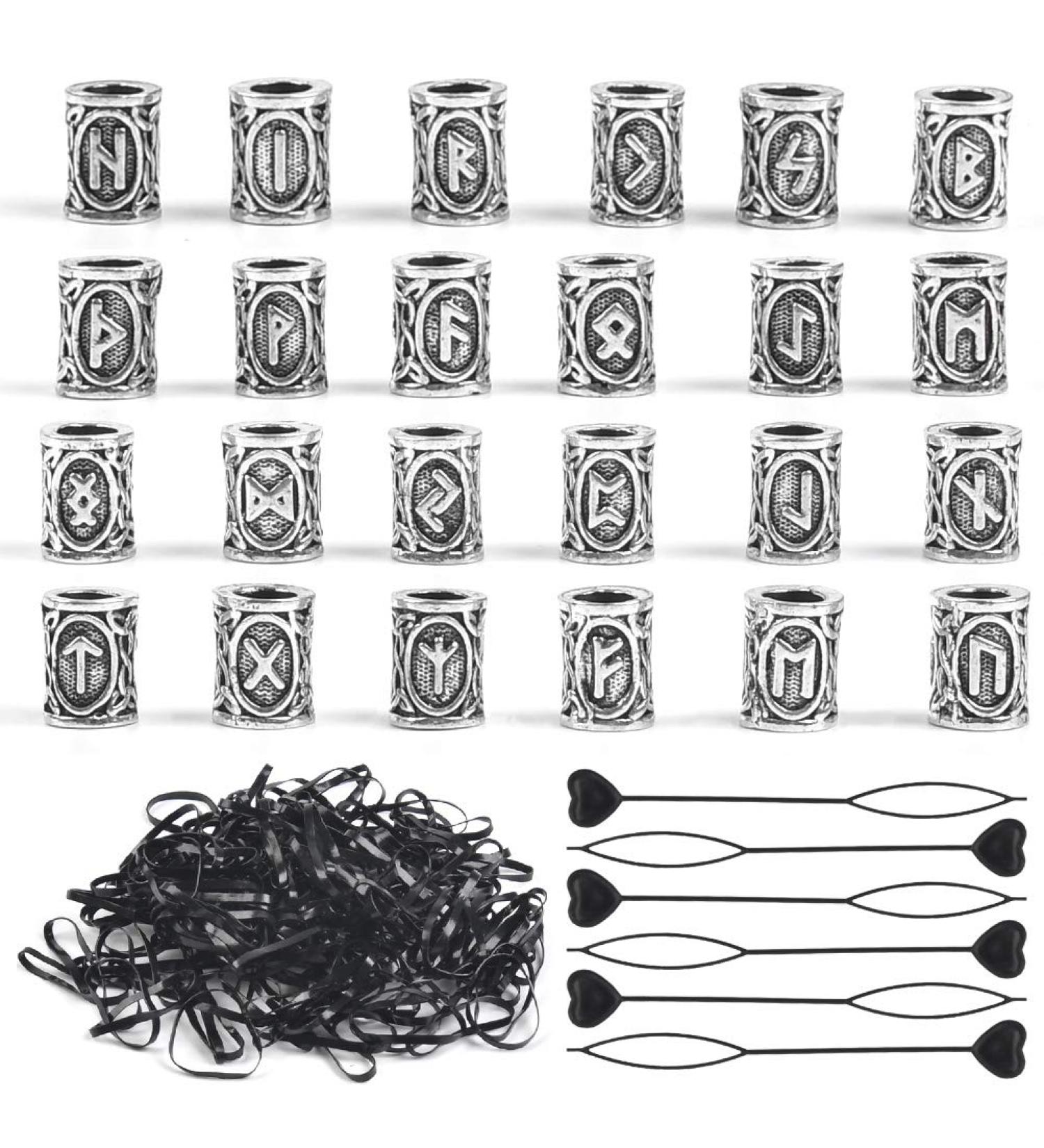 24 Hair Bear Beads for Braids & Dreadlocks | Rune Beard Pearls + 6 Hair Pins & 200 Rubber Bands | DIY Hair & Jewelry Craft Supplies - Buy Online on GoSupps.com