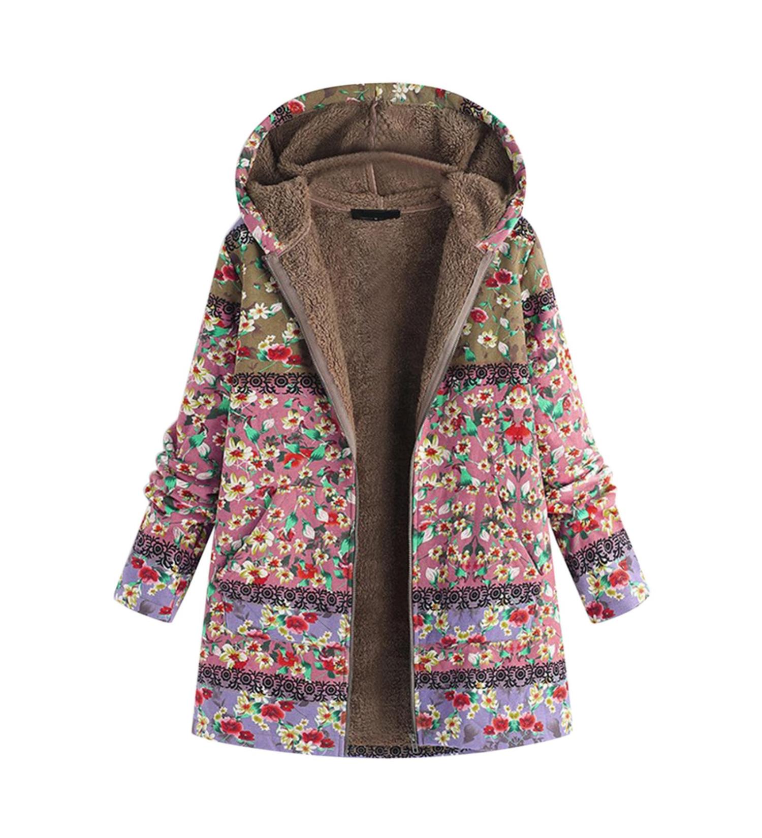 Shop Elegant Oversized Women's Teddy Plush Jacket - Long Winter Coat with Flower Pattern & Zip Hoodie - Buy Online on GoSupps.com