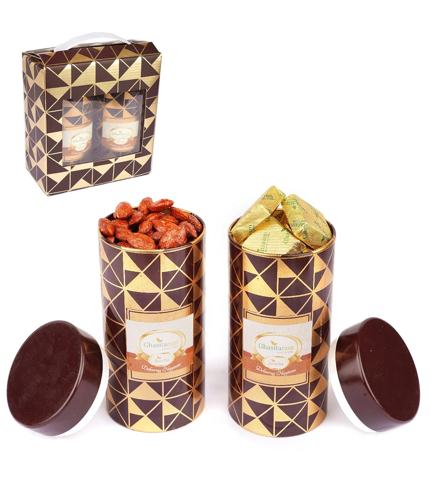Jaiccha Ghasitaram Dryfruits Hamper-Box 2 Tin Jars of Flavoured Almonds and MEWA Bites |Gift for Diwali Holi Rakhi Valentine Christmas Birthday Anniversary Her Him| - Buy Online on GoSupps.com