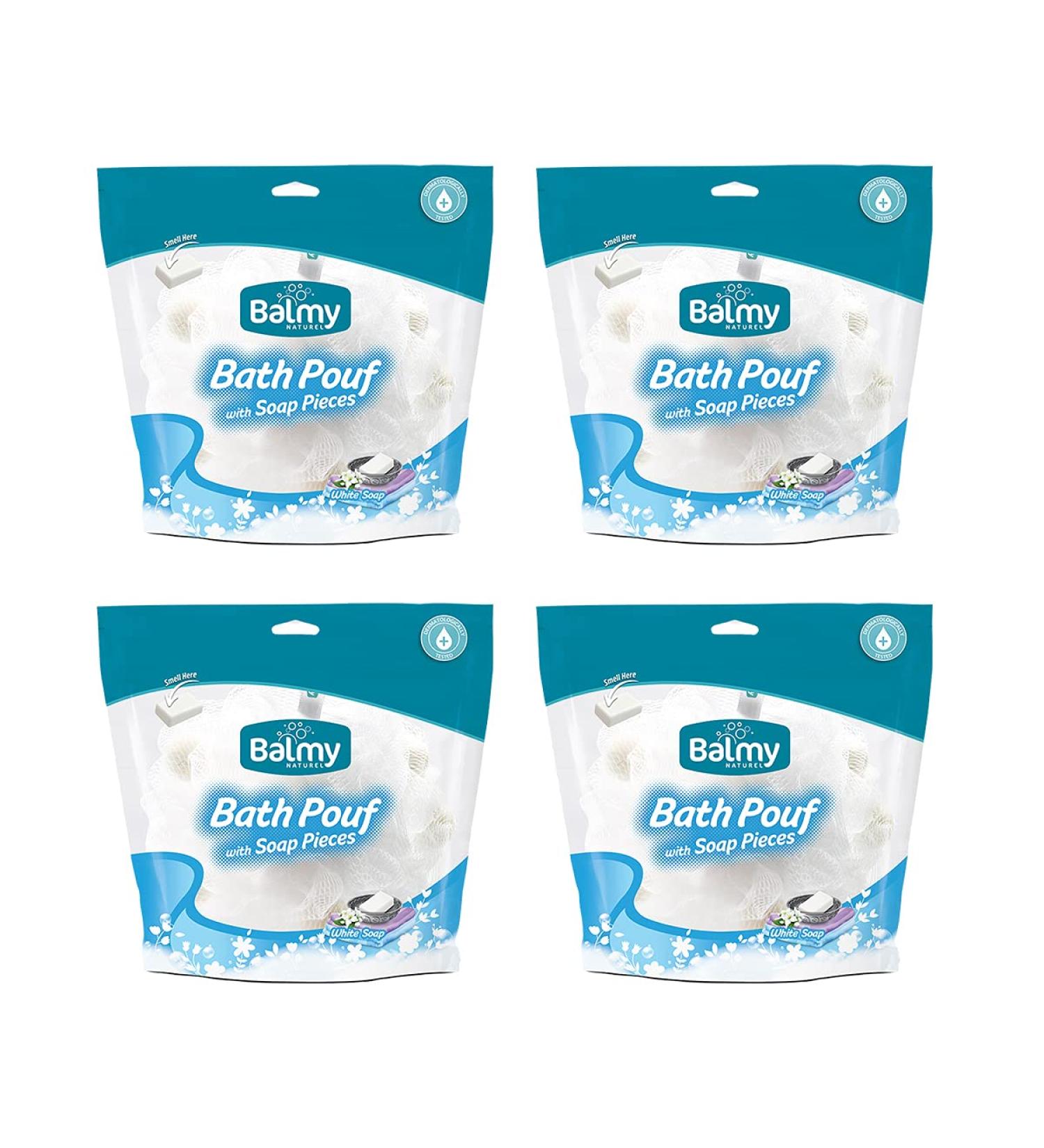 4 Pack Shower Puffs With Soap Pieces - White Soap - Premium Quality Loofah Exfoliating - Buy Online on GoSupps.com