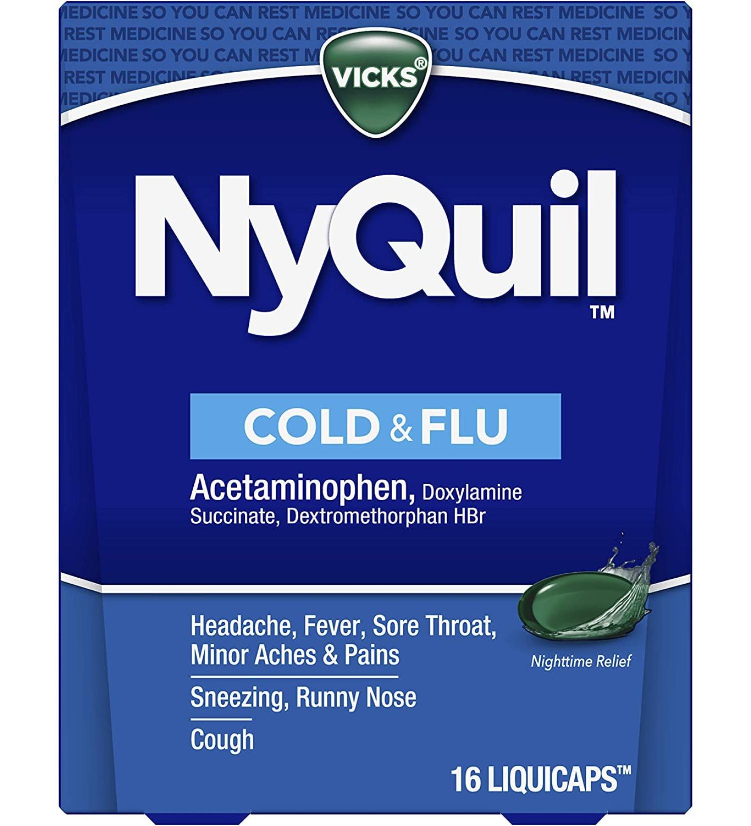 Nyquil Cold And Flu Nighttime Relief Liquid Capsules 16 Count (Pack of 24) - Buy Online on GoSupps.com