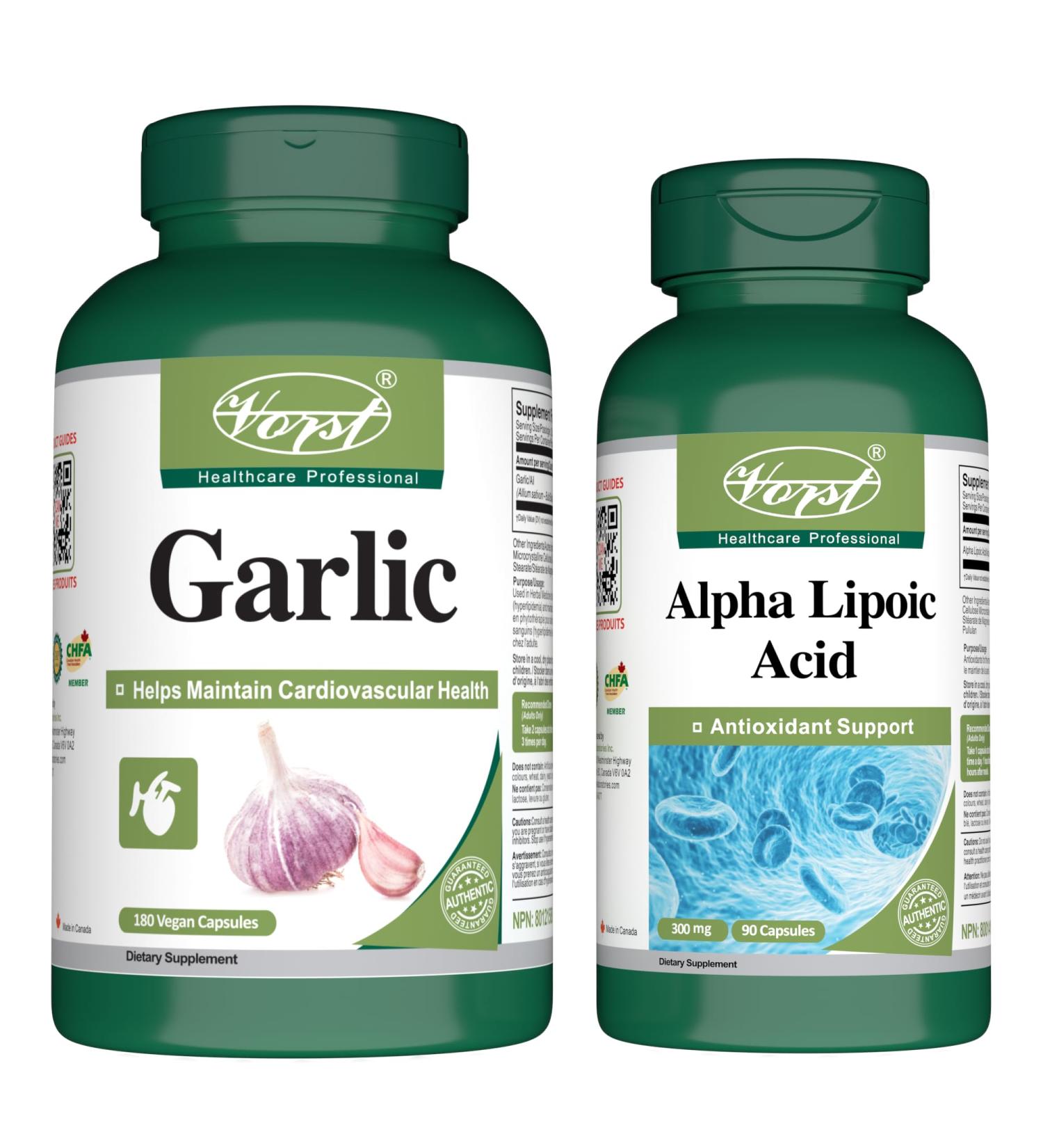 VORST Garlic 180 Vegan Capsules & Alpha Lipoic Acid 300mg 90 Capsules (Combo Bundle 2 Bottles)