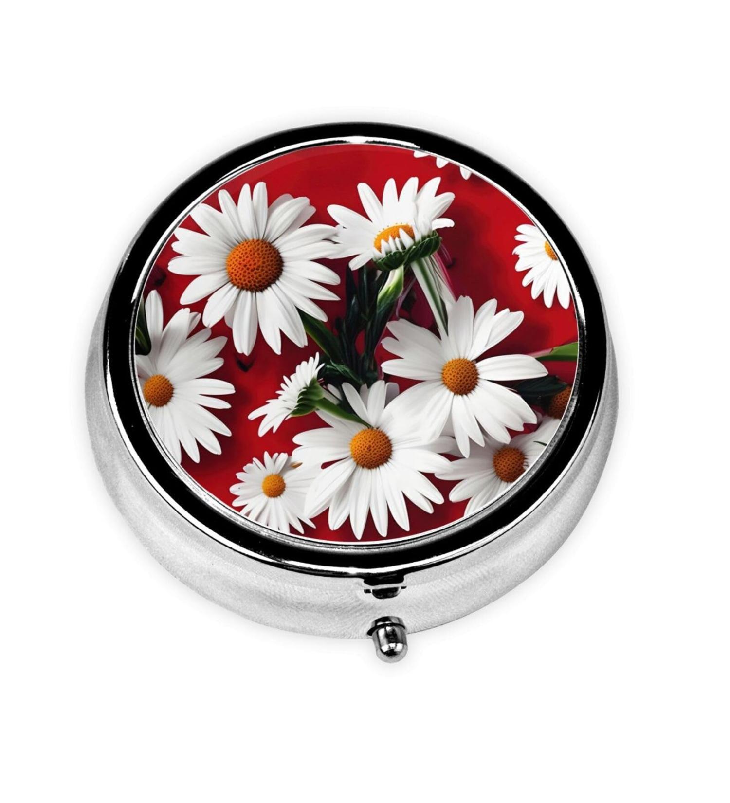 Red Flower & White Daisy Round Pill Box | Lightweight Moisture-Proof Portable for Medication & Fish Oil - Buy Online on GoSupps.com