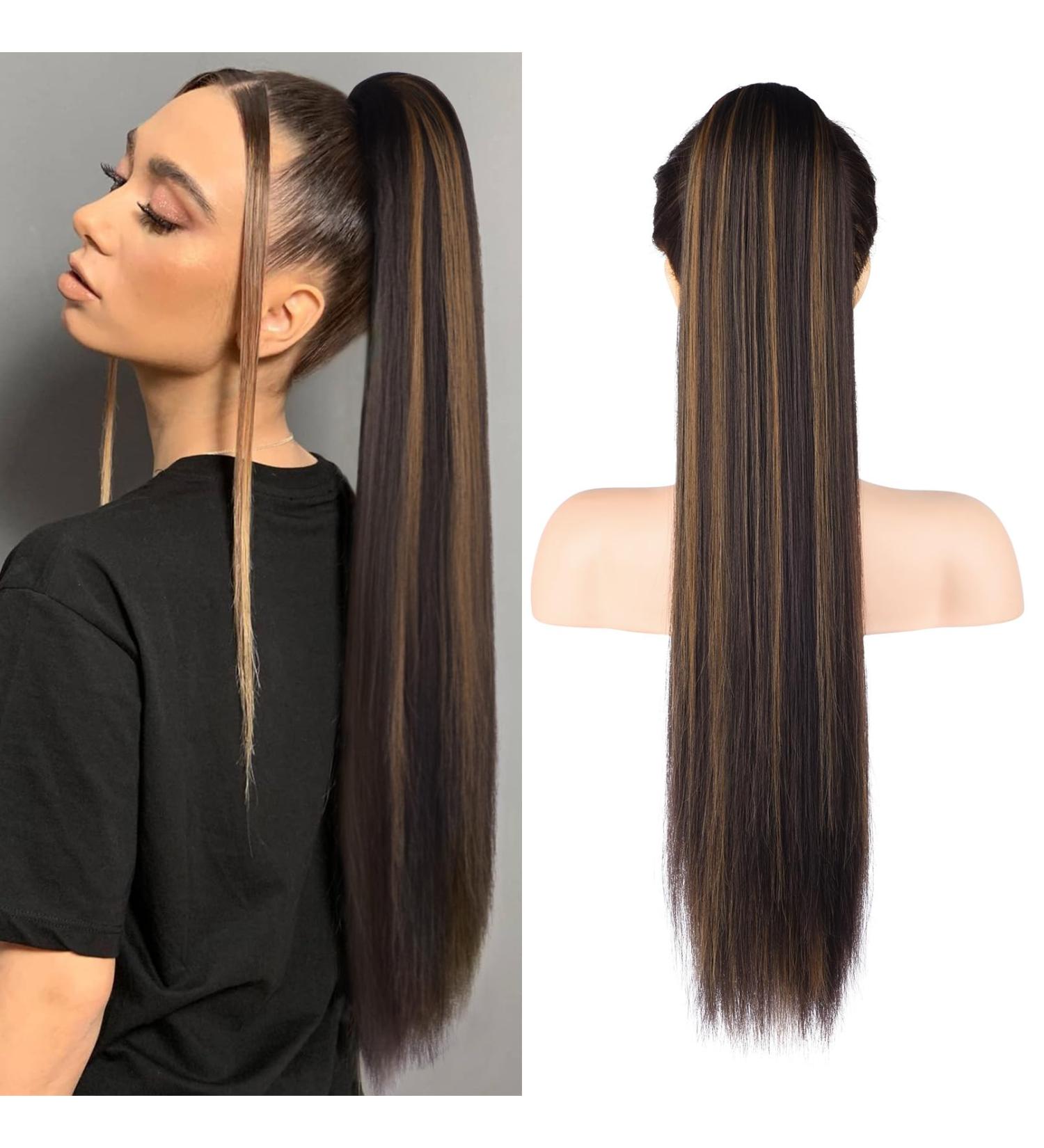 Reecho 28 Long Straight Ponytail Extension - Chestnut Brown with Blonde Highlights | Synthetic Drawstring Hairpiece for Women - Buy Online on GoSupps.com