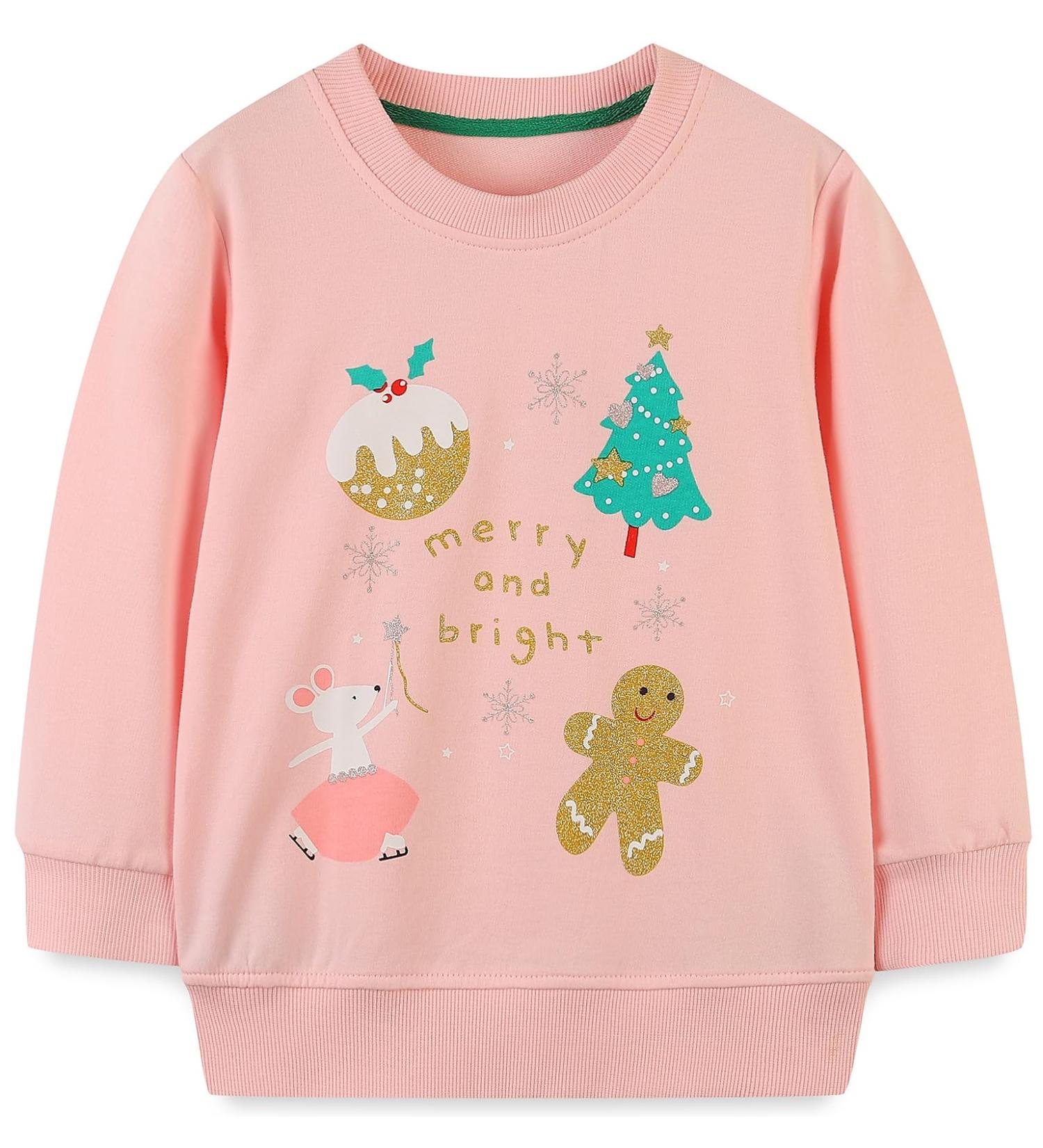 Girls Christmas Pink Sweatshirt | Cotton Top for Kids | Long Sleeve Pullover | Toddler Clothes Ages 1-12 - Buy Online on GoSupps.com
