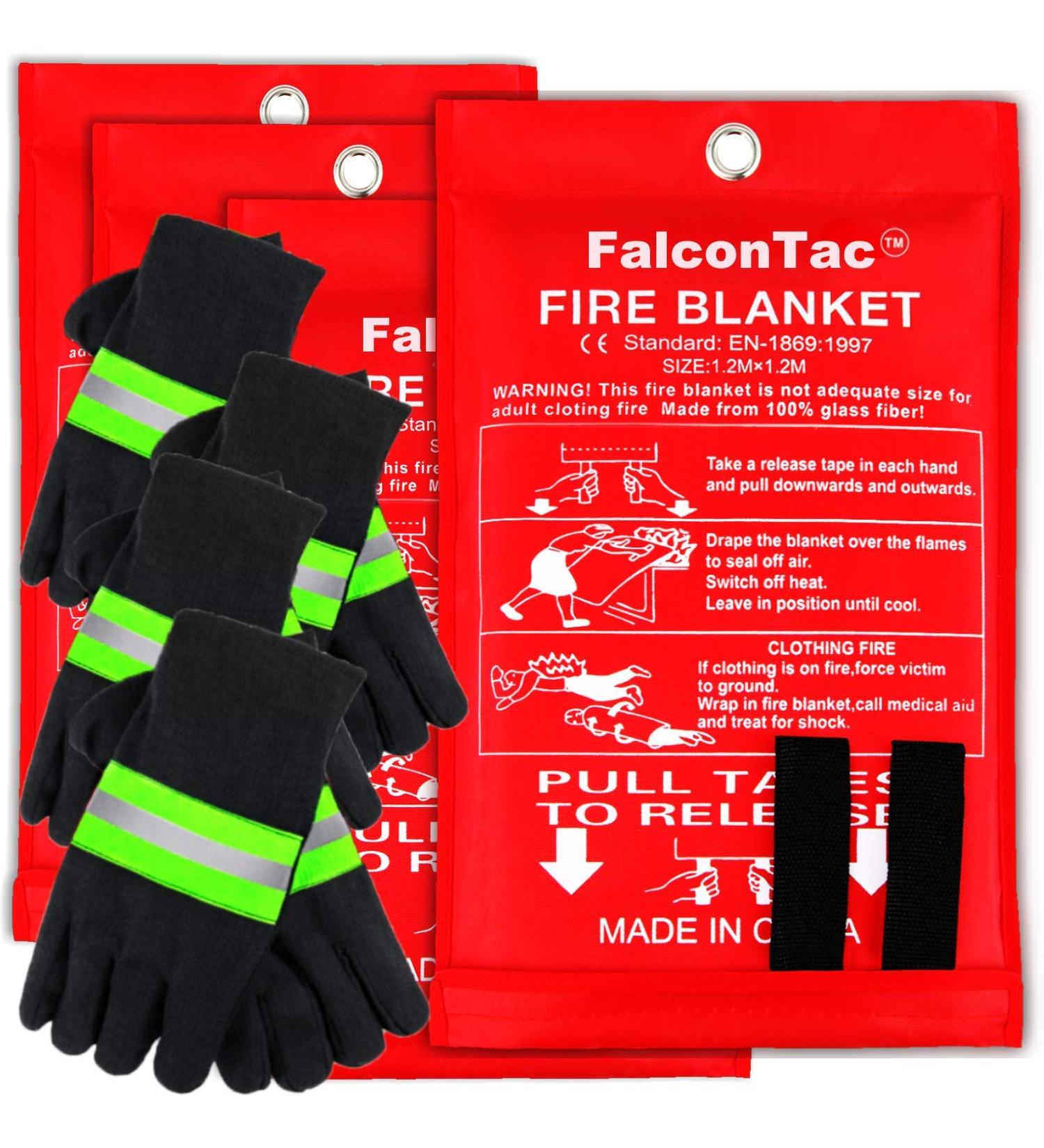 FalconTac X-Large 47''x47'' Fire Blanket 3-Pack with Heat Resistant Gloves - Emergency Fire Suppression Blanket for Kitchen, Camping, Grilling - Buy Online on GoSupps.com