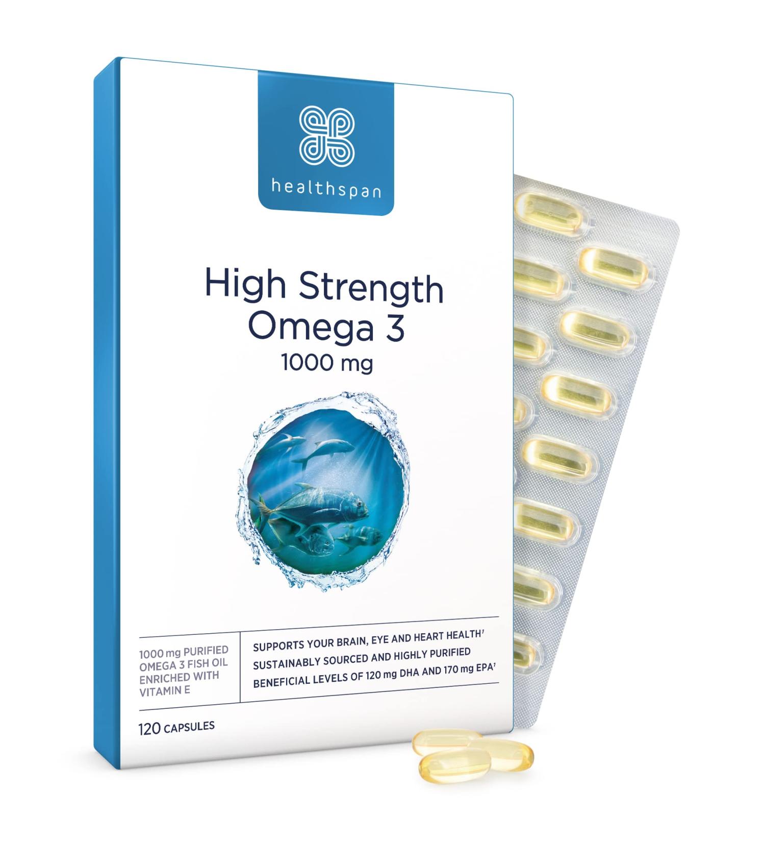 Healthspan High Strength Omega 3 1000mg Capsules | Brain, Eye & Heart Health Support | 120mg DHA & 170mg EPA | Toxin-Free & Sustainably Sourced | 120 Count - Buy Online on GoSupps.com