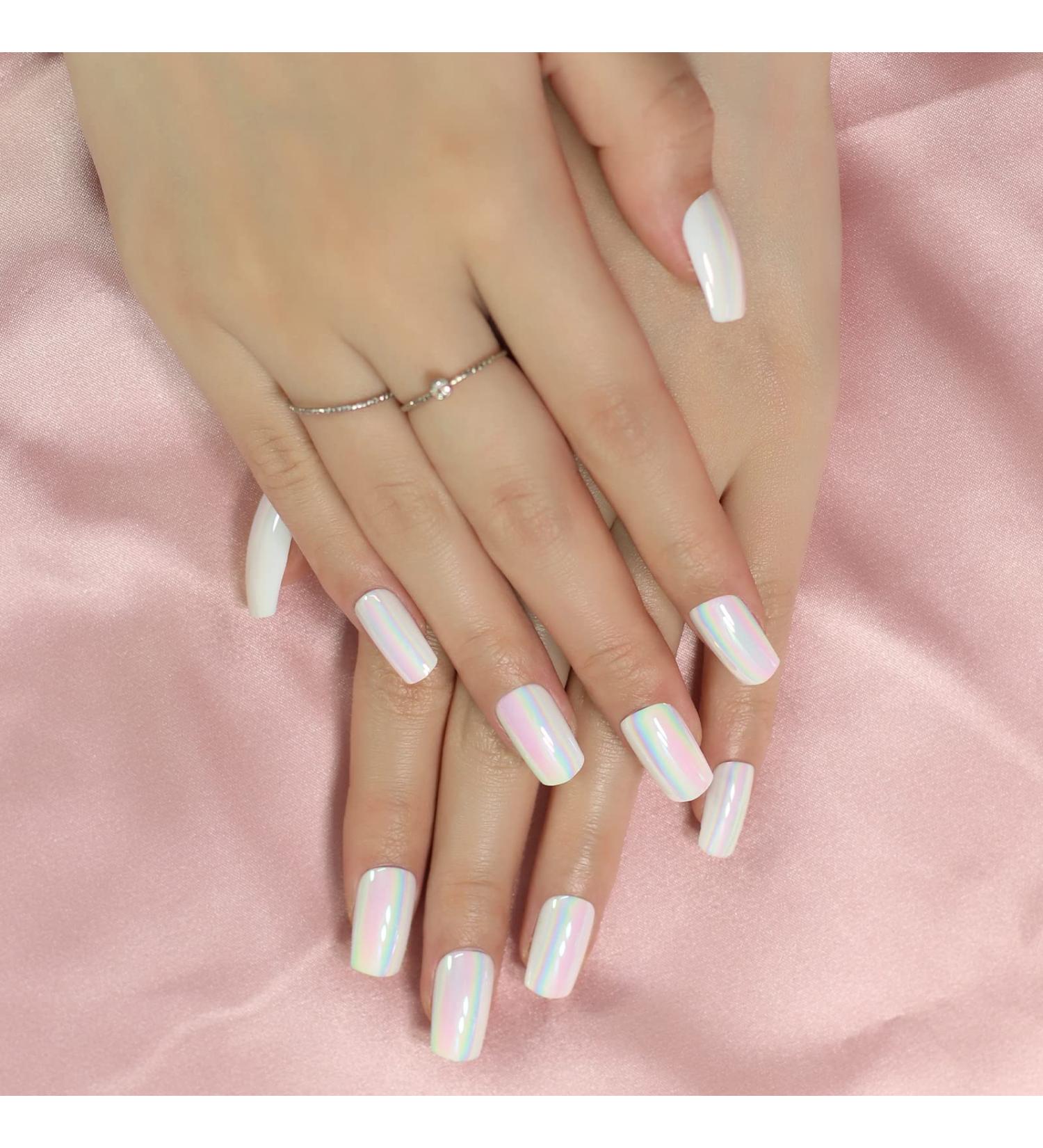 Aurora Medium Square Press-On Nails - Holographic Acrylic Full Cover Fake Nails for Weddings & Daily Wear - 24pcs Kit - Buy Online on GoSupps.com