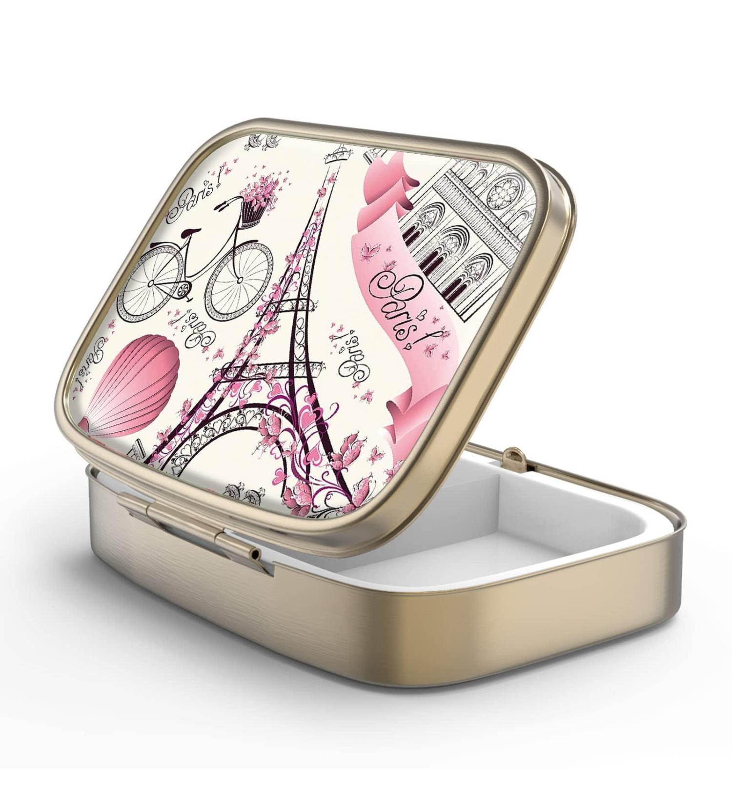 Retro Bronze Pill Box with Mirror - 2 Compartment Small Pill Organizer for Vitamins & Supplements | Eiffel Tower Design - Buy Online on GoSupps.com