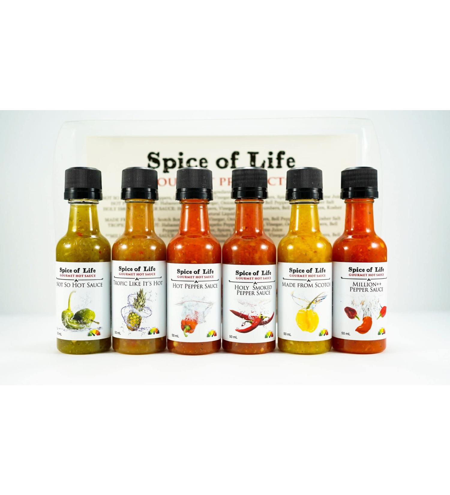 Spice of Life Mini 6 Pack Gourmet Hot Sauce Housewarming Gift Gift for Hot Sauce Connoisseur Mild to Very Hot Ghost Peppers Trinidadian Scorpion Peppers
