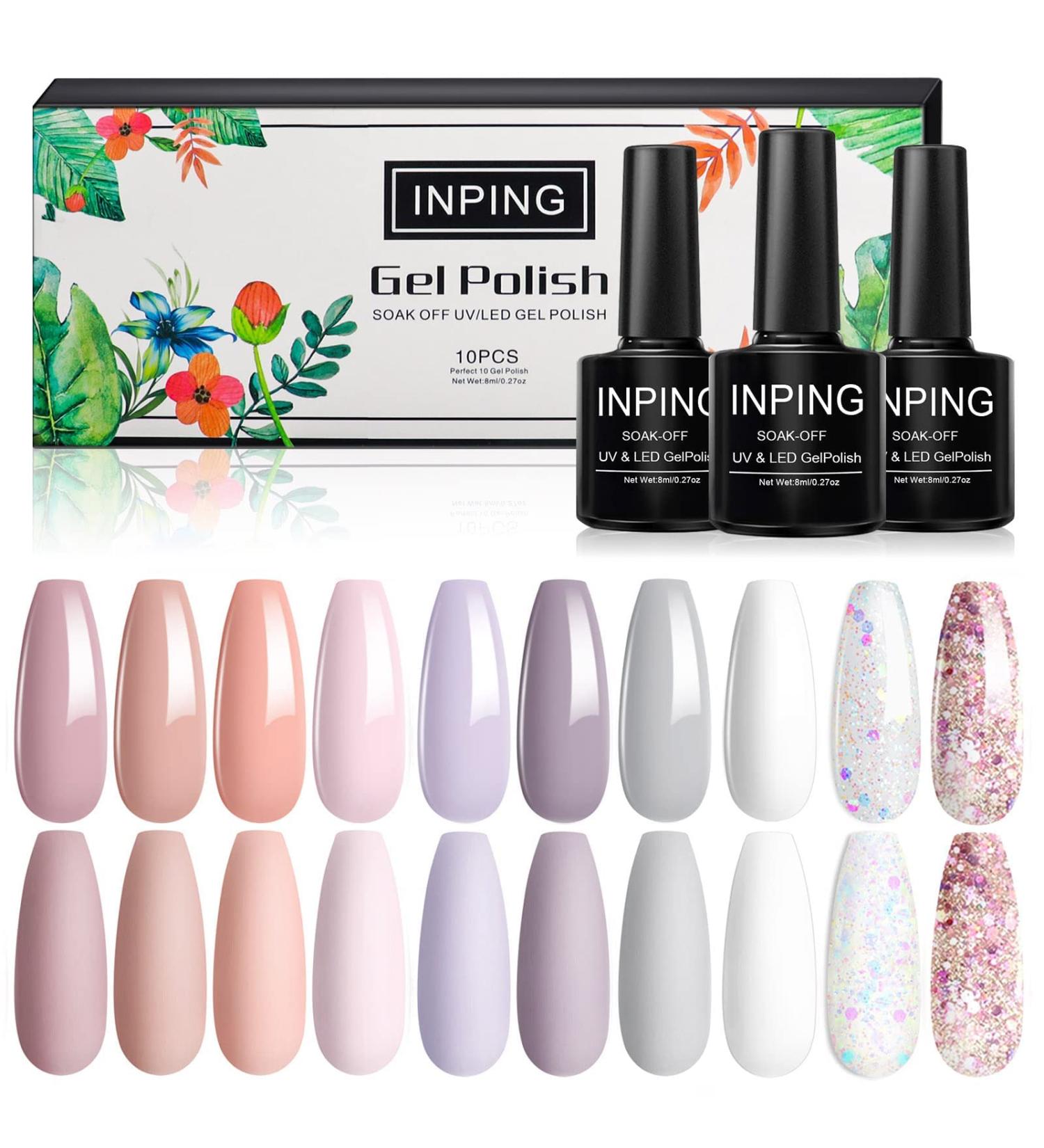 INPING Gel Nail Polish Set - 10 Colors Nude Gray White Skin Natural Dust Purple Glitter Pink Soak Off UV Varnish - Ideal for DIY Nail Art, Manicure Salon - 8ml (Light Nude) - Buy Online on GoSupps.com