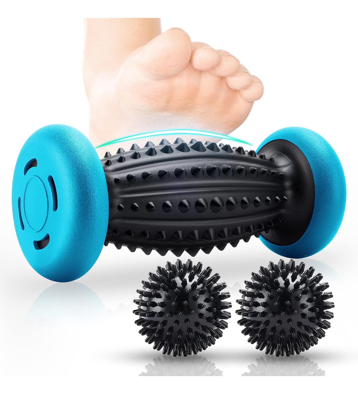 HOFASON Foot Roller Massage Ball Set for Plantar Fasciitis & Body Pain Relief - 1 Roller & 2 Spiky Balls - Foot Massager Reflexology Tool (Black Blue) - Buy Online on GoSupps.com