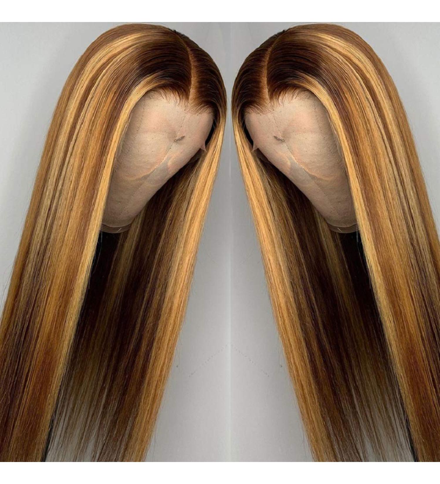 Brennas Ombre Highlight Lace Front Wig for Black Women | Brown Honey Blonde Colored Brazilian Straight Human Hair | 20 Inch 150% Density HD Lace Frontal | Pre Plucked with Baby Hair - Buy Online on GoSupps.com